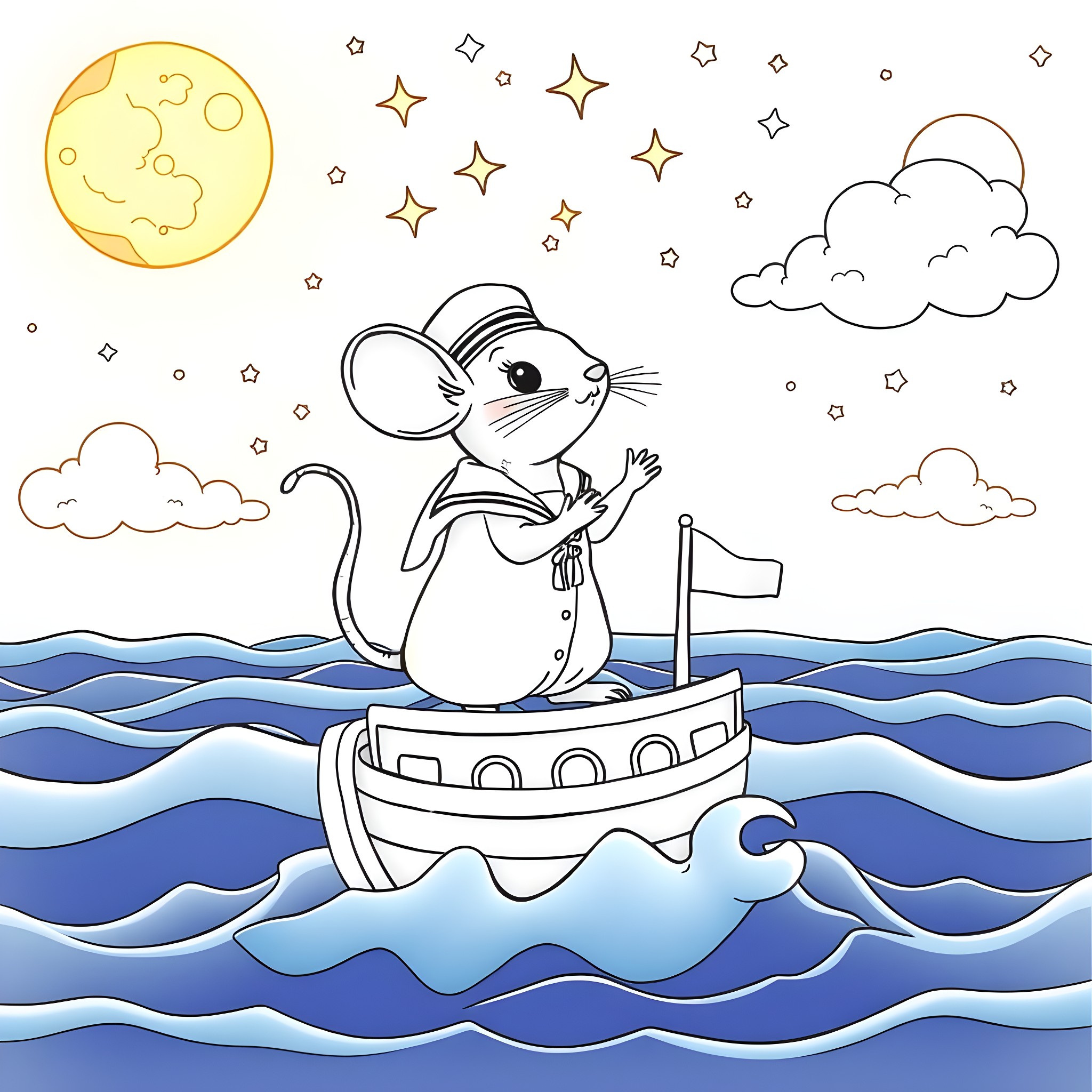 Mouse sailing on a boat under the starry night sky Coloring Page (free black-and-white line drawing printable PDF for all, from beginners to advanced learners, including children, teens, adults, and seniors)