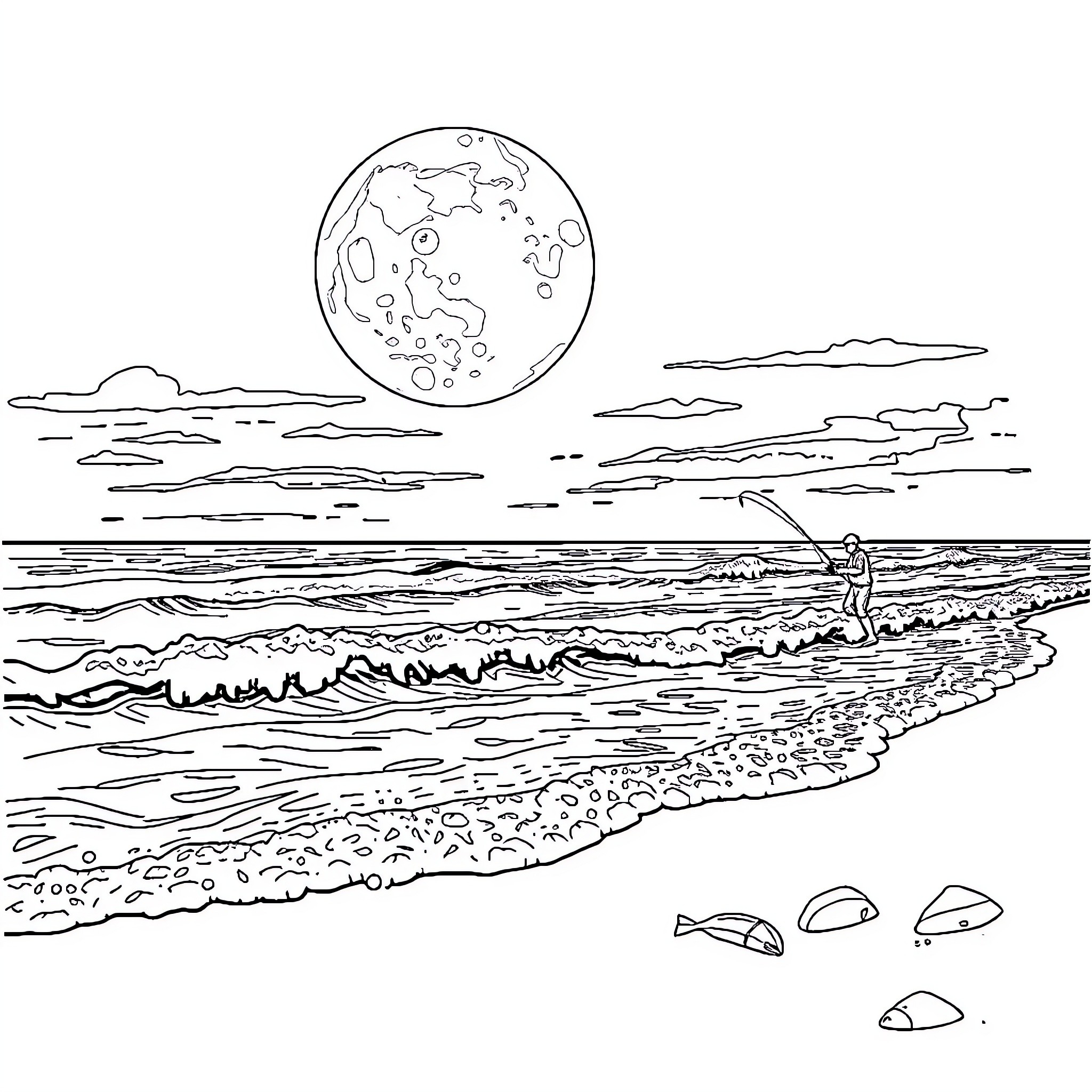 Beach scene with surfer and crashing waves under the moon Coloring Page (free black-and-white line drawing printable PDF for all, from beginners to advanced learners, including children, teens, adults, and seniors)
