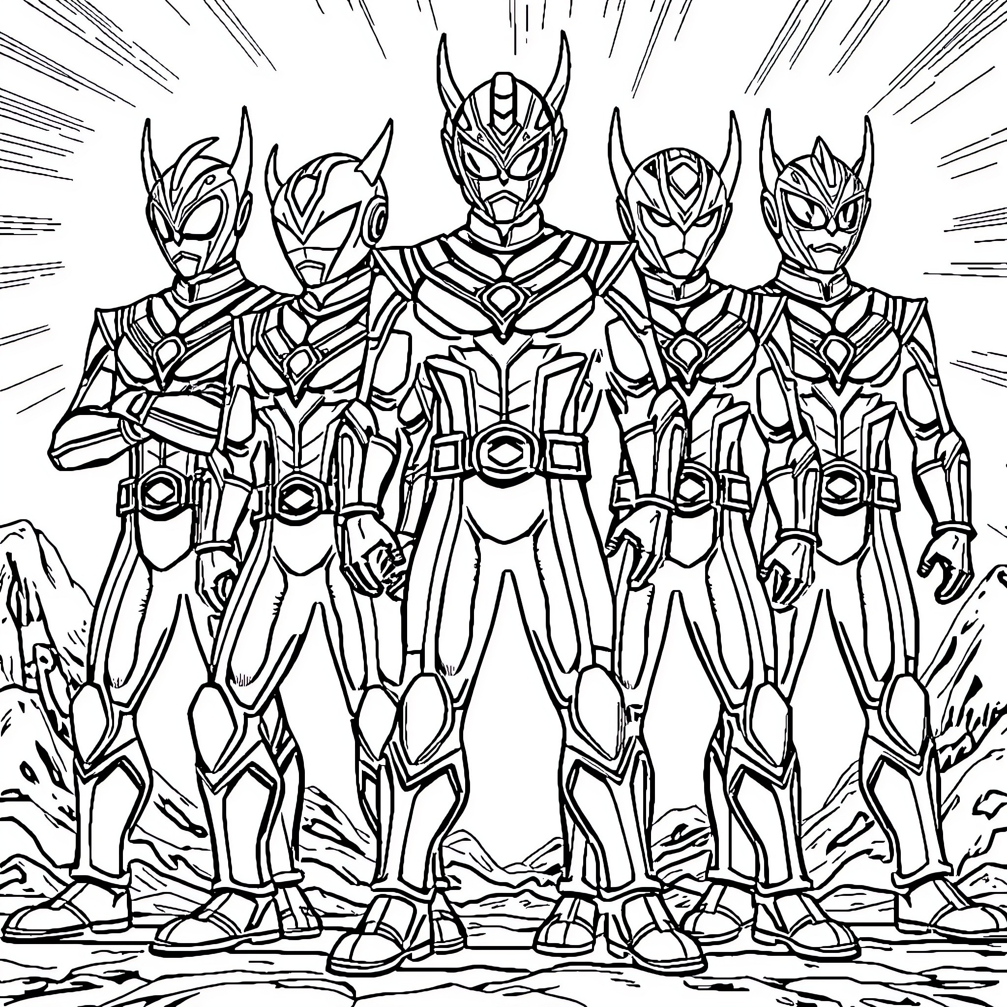 Ultraman Heroes Posing in Action Coloring Page (free black-and-white line drawing printable PDF for all, from beginners to advanced learners, including children, teens, adults, and seniors)