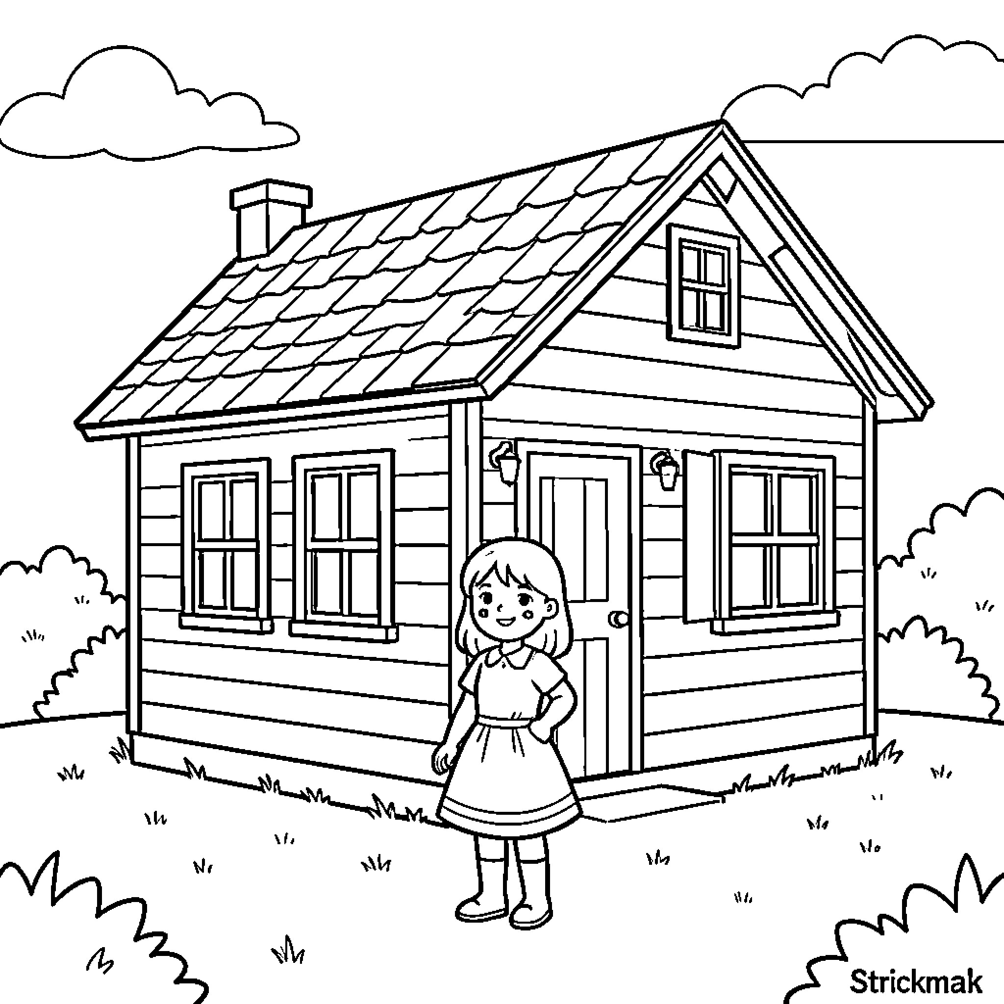 House with Girl in the Countryside Coloring Page (free black-and-white line drawing printable PDF for all, from beginners to advanced learners, including children, teens, adults, and seniors)