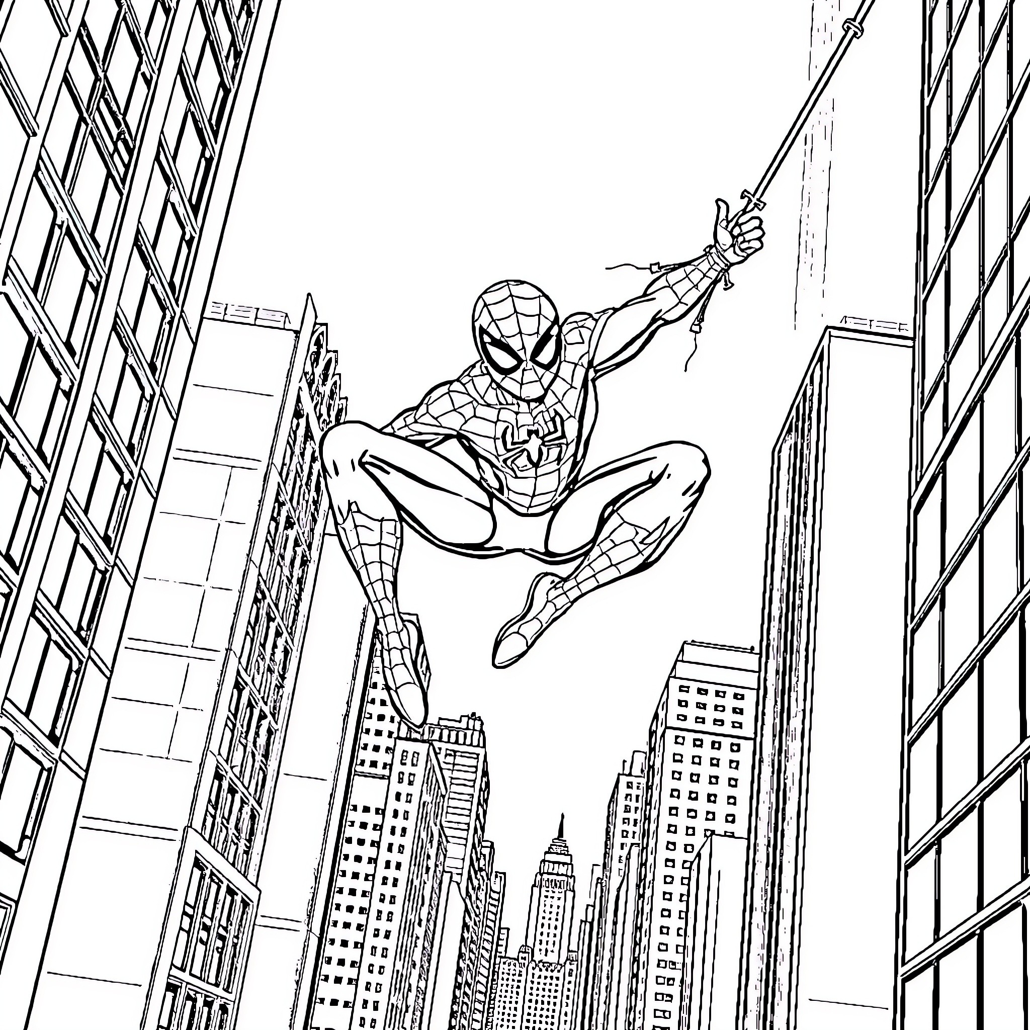 Spiderman swinging through the city skyline Coloring Page (free black-and-white line drawing printable PDF for all, from beginners to advanced learners, including children, teens, adults, and seniors)