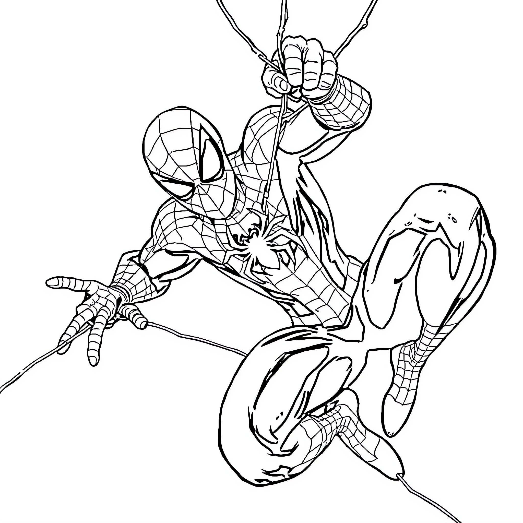 Spiderman swinging and attacking with web-slinging action Coloring Page (free black-and-white line drawing printable PDF for all, from beginners to advanced learners, including children, teens, adults, and seniors)