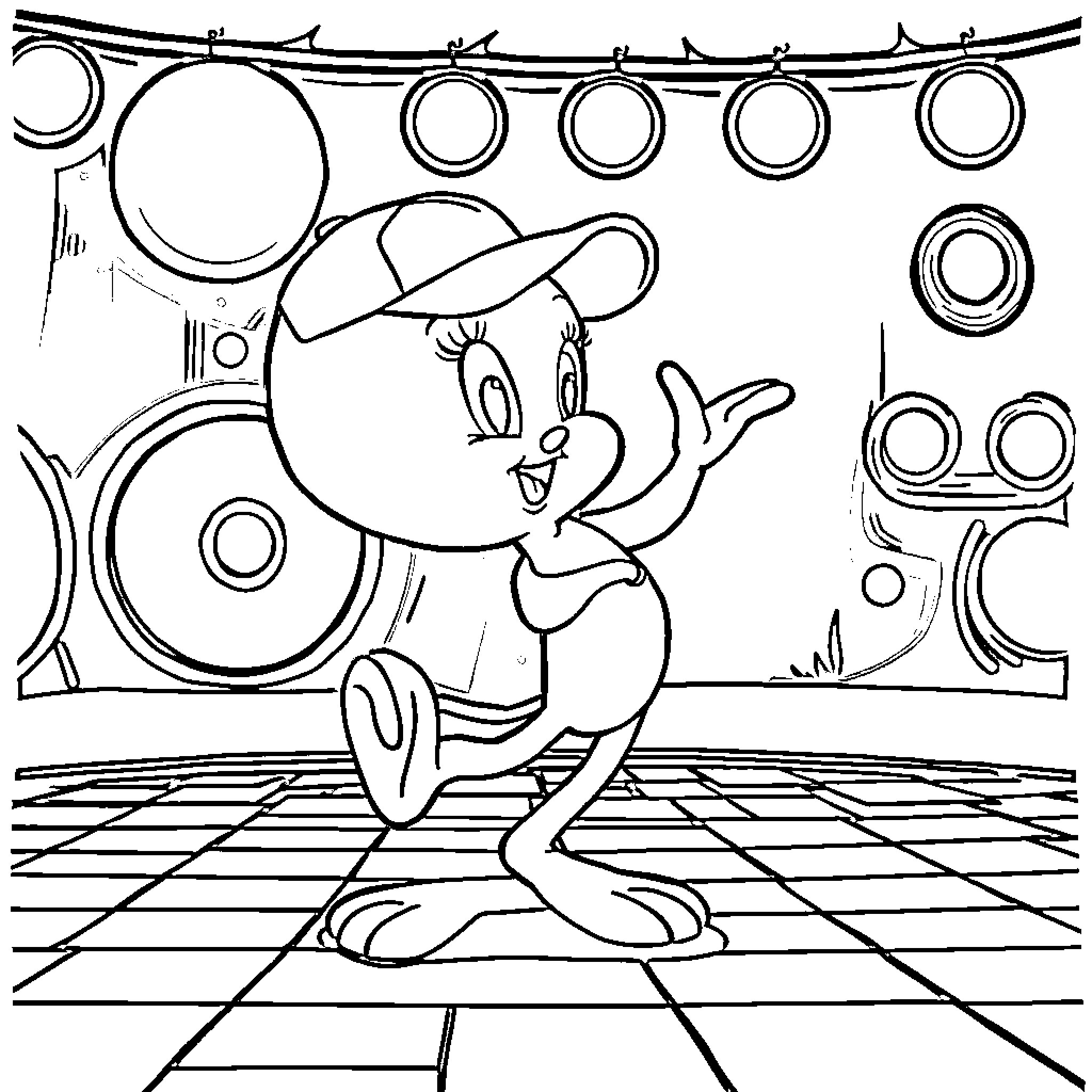 Tweety Bird performing on a stage Coloring Page (free black-and-white line drawing printable PDF for all, from beginners to advanced learners, including children, teens, adults, and seniors)