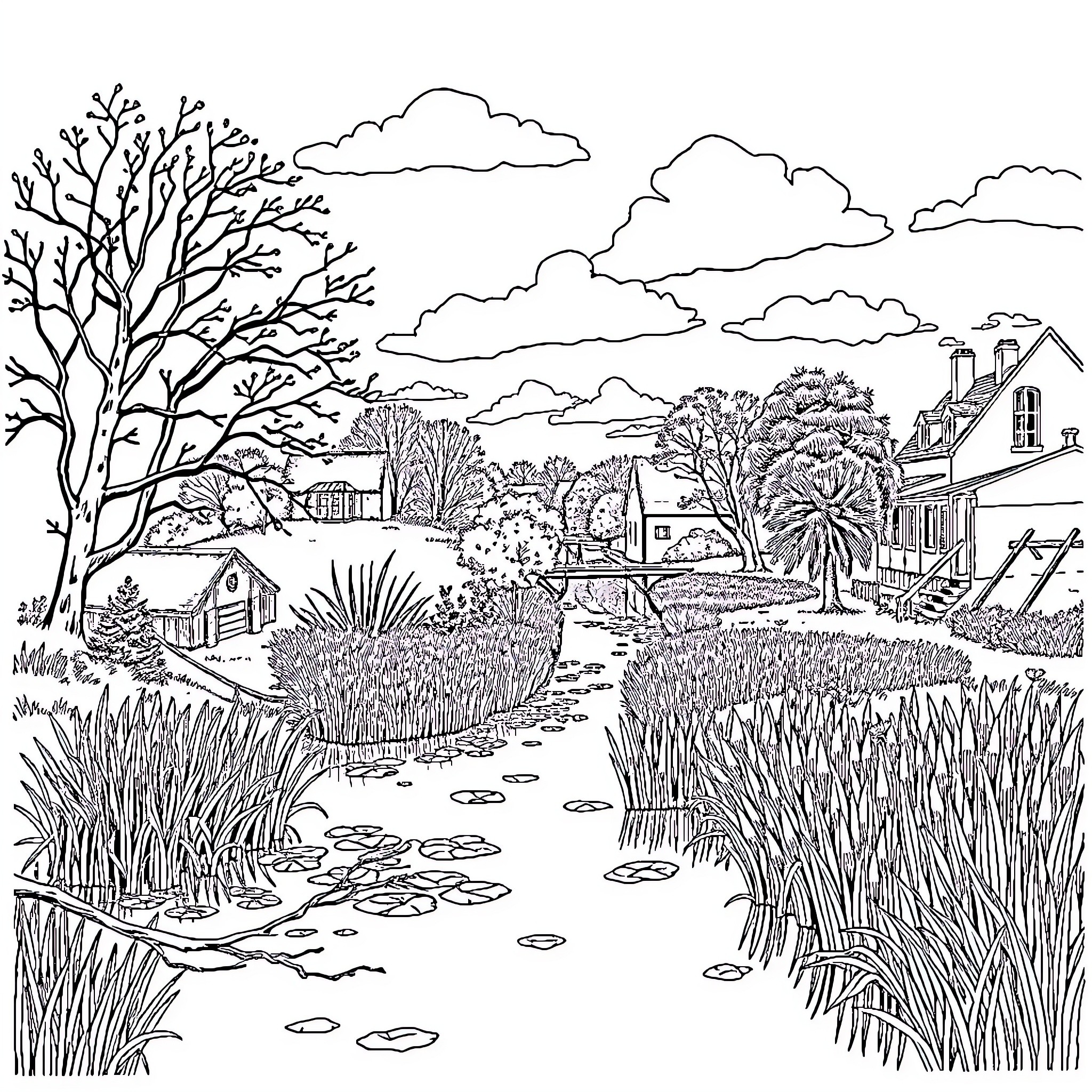 Marais Poitevin: A Charming Rural Landscape Coloring Page (free black-and-white line drawing printable PDF for all, from beginners to advanced learners, including children, teens, adults, and seniors)