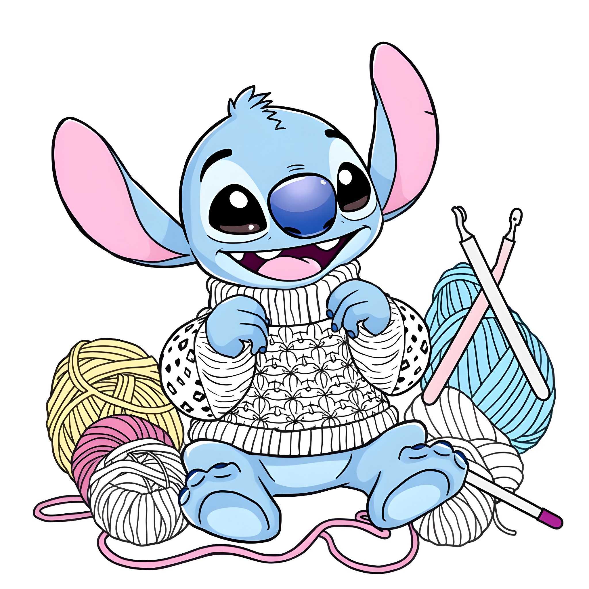 Stitch knitting with colorful yarn Coloring Page (free black-and-white line drawing printable PDF for all, from beginners to advanced learners, including children, teens, adults, and seniors)