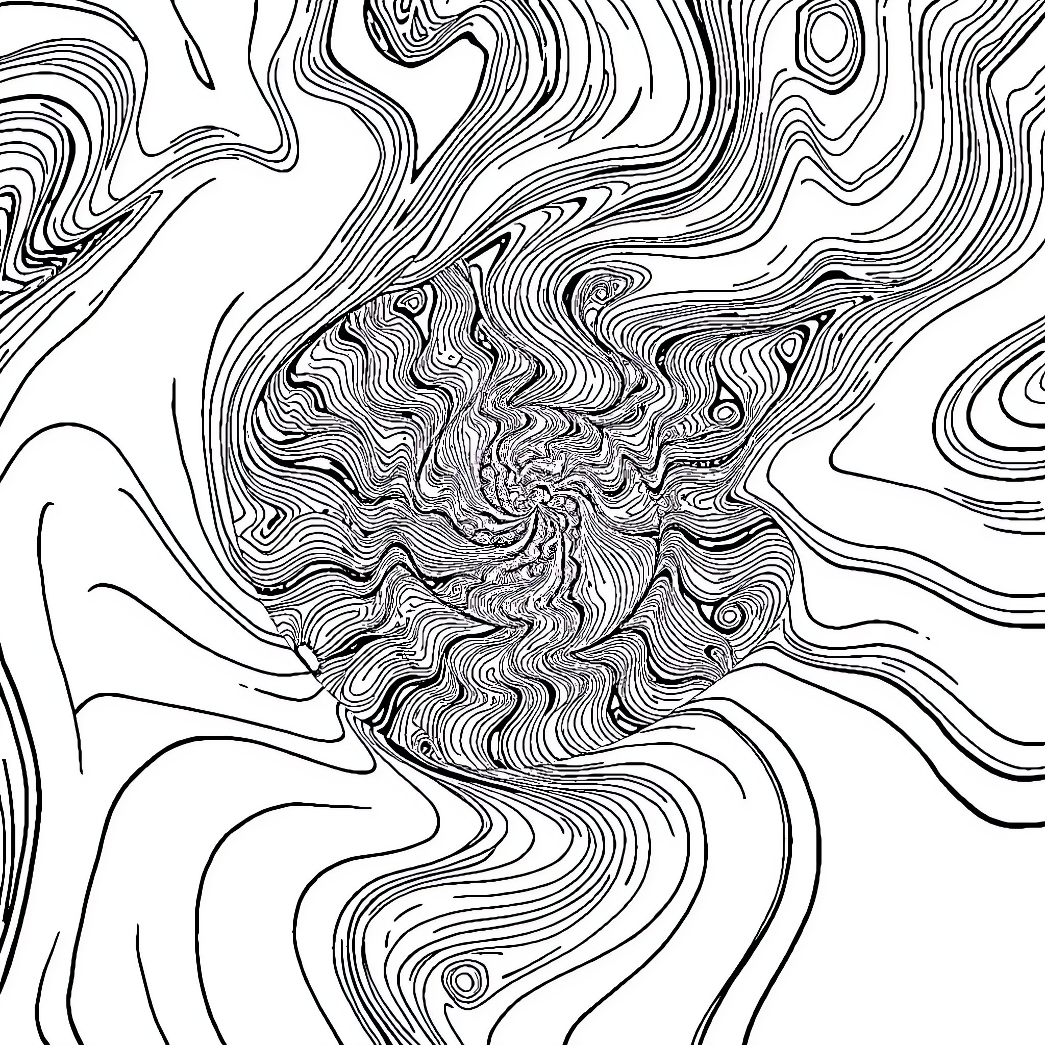 Psychedelic Swirling Patterns and Movements Coloring Page (free black-and-white line drawing printable PDF for all, from beginners to advanced learners, including children, teens, adults, and seniors)