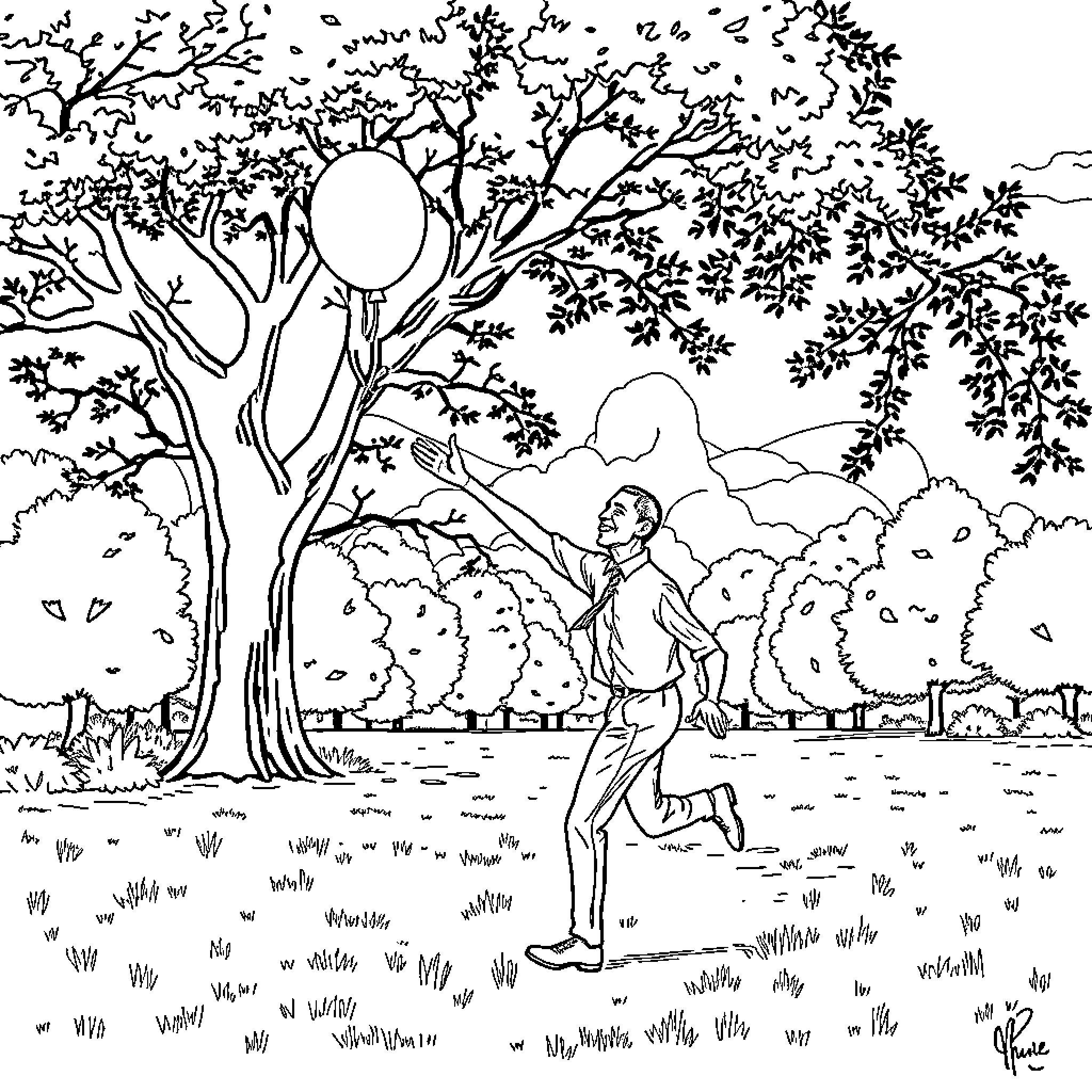 Obama running happily in the park under the trees Coloring Page (free black-and-white line drawing printable PDF for all, from beginners to advanced learners, including children, teens, adults, and seniors)