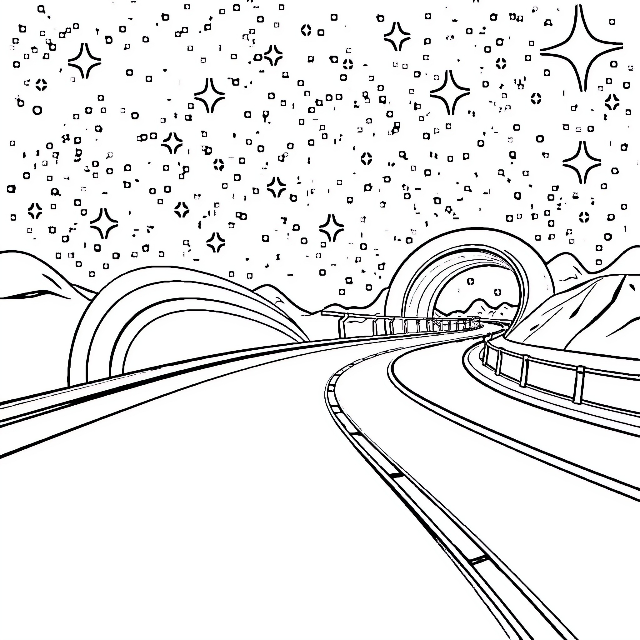 Rainbow Road through the Starry Night Landscape Coloring Page (free black-and-white line drawing printable PDF for all, from beginners to advanced learners, including children, teens, adults, and seniors)