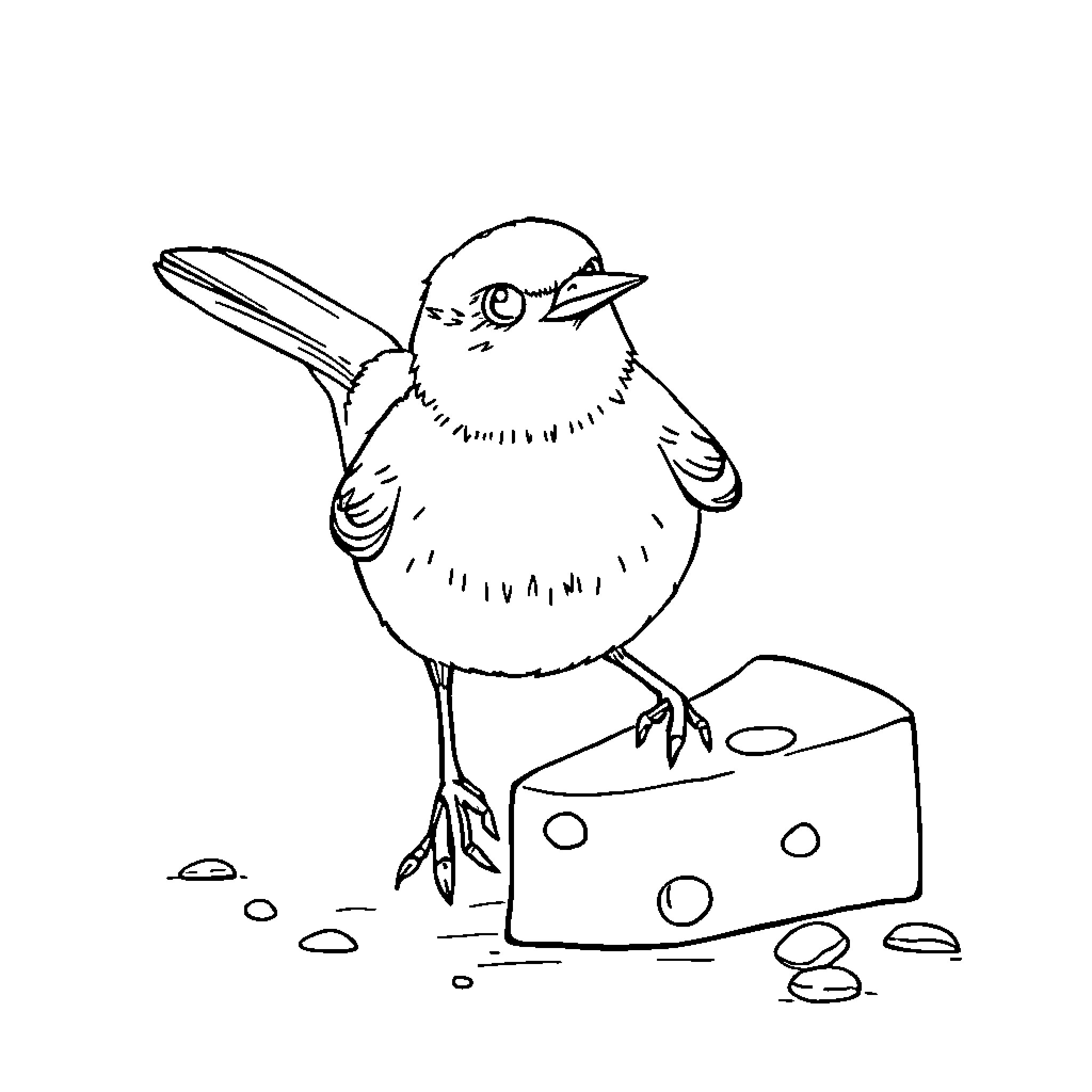 Bird standing on a piece of cheese Coloring Page (free black-and-white line drawing printable PDF for all, from beginners to advanced learners, including children, teens, adults, and seniors)