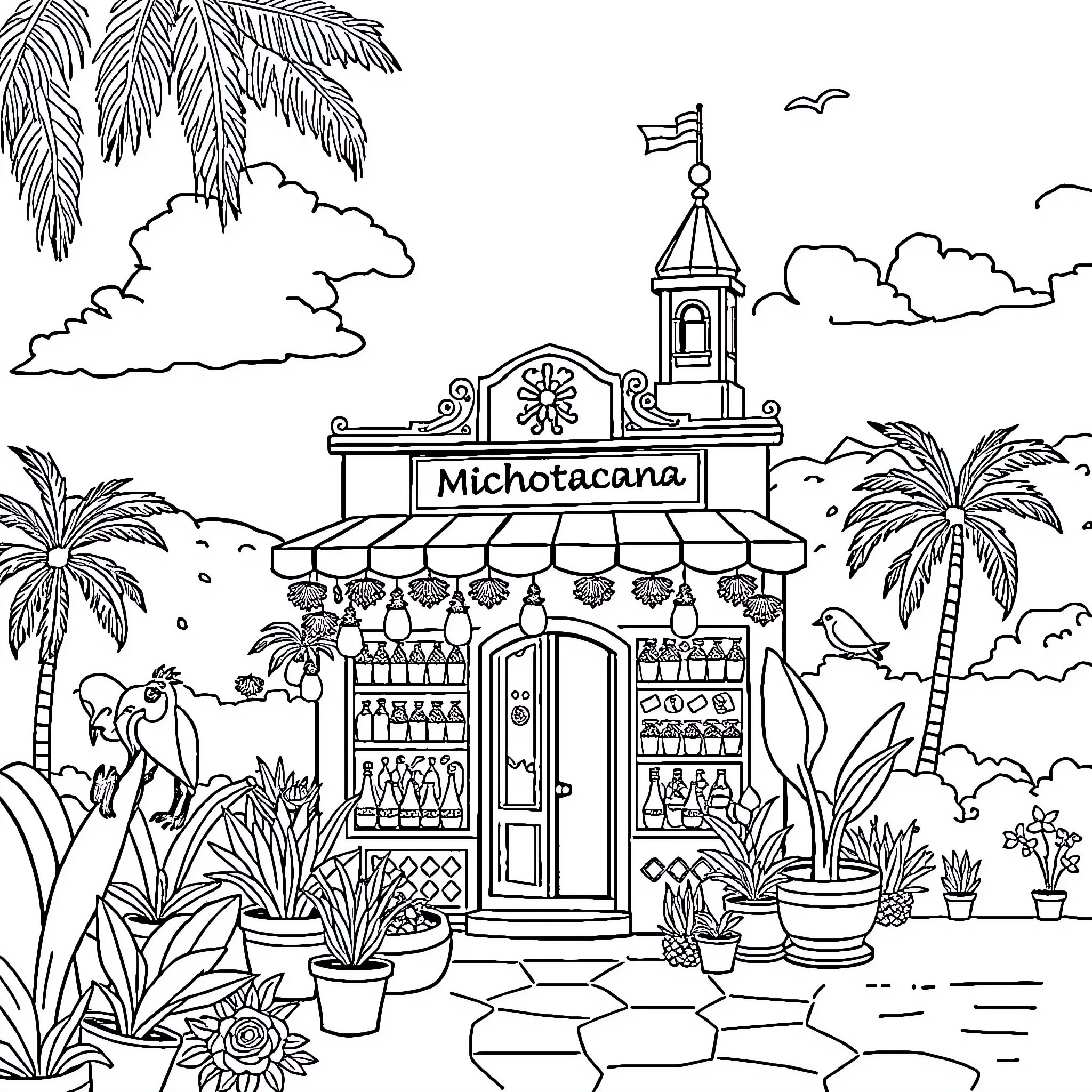 Paleteria with Vibrant Scenery and Lively Atmosphere Coloring Page (free black-and-white line drawing printable PDF for all, from beginners to advanced learners, including children, teens, adults, and seniors)