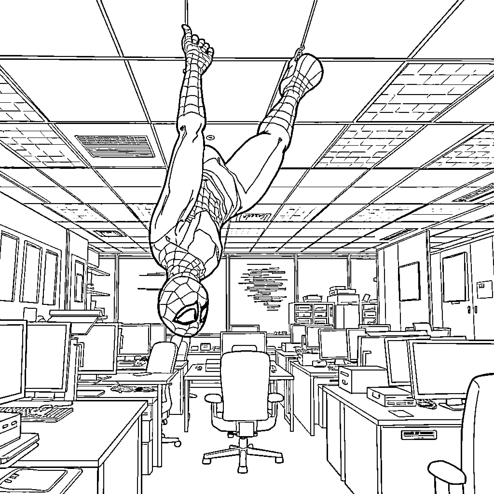 Spiderman swinging through the office space Coloring Page (free black-and-white line drawing printable PDF for all, from beginners to advanced learners, including children, teens, adults, and seniors)