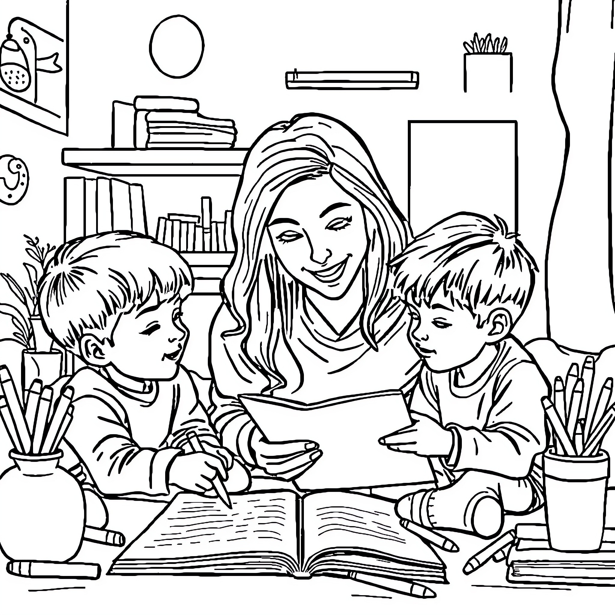 Step Mom Helping Kids with Homework in Cozy Study Coloring Page (free black-and-white line drawing printable PDF for all, from beginners to advanced learners, including children, teens, adults, and seniors)