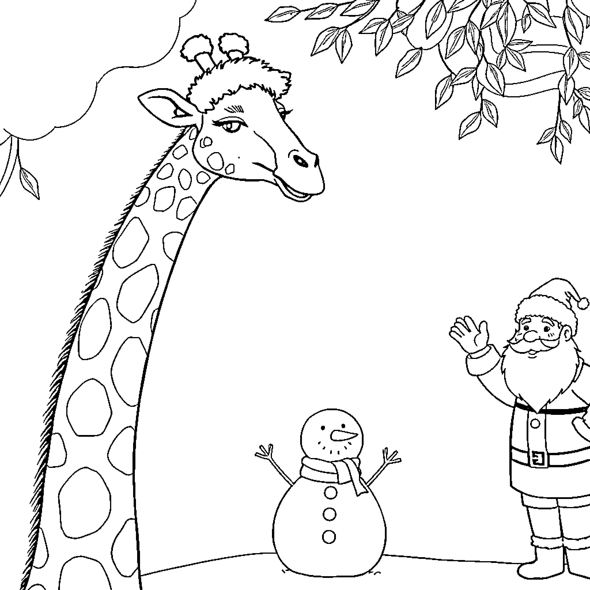 Giraffe interacting with Santa and snowman in winter scene Coloring Page (free black-and-white line drawing printable PDF for all, from beginners to advanced learners, including children, teens, adults, and seniors)