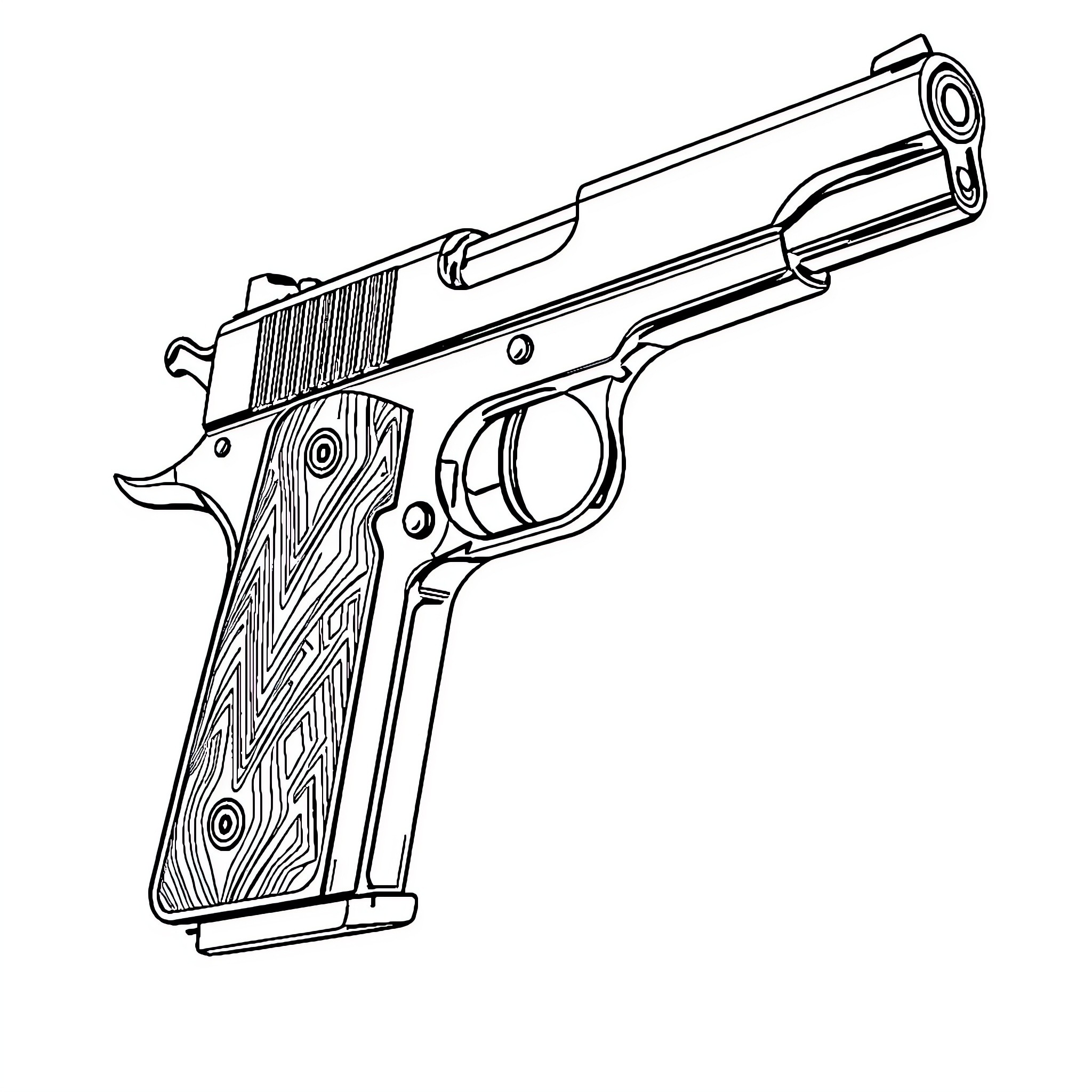 Colt M1911 semi-automatic pistol with wooden grip Coloring Page (free black-and-white line drawing printable PDF for all, from beginners to advanced learners, including children, teens, adults, and seniors)