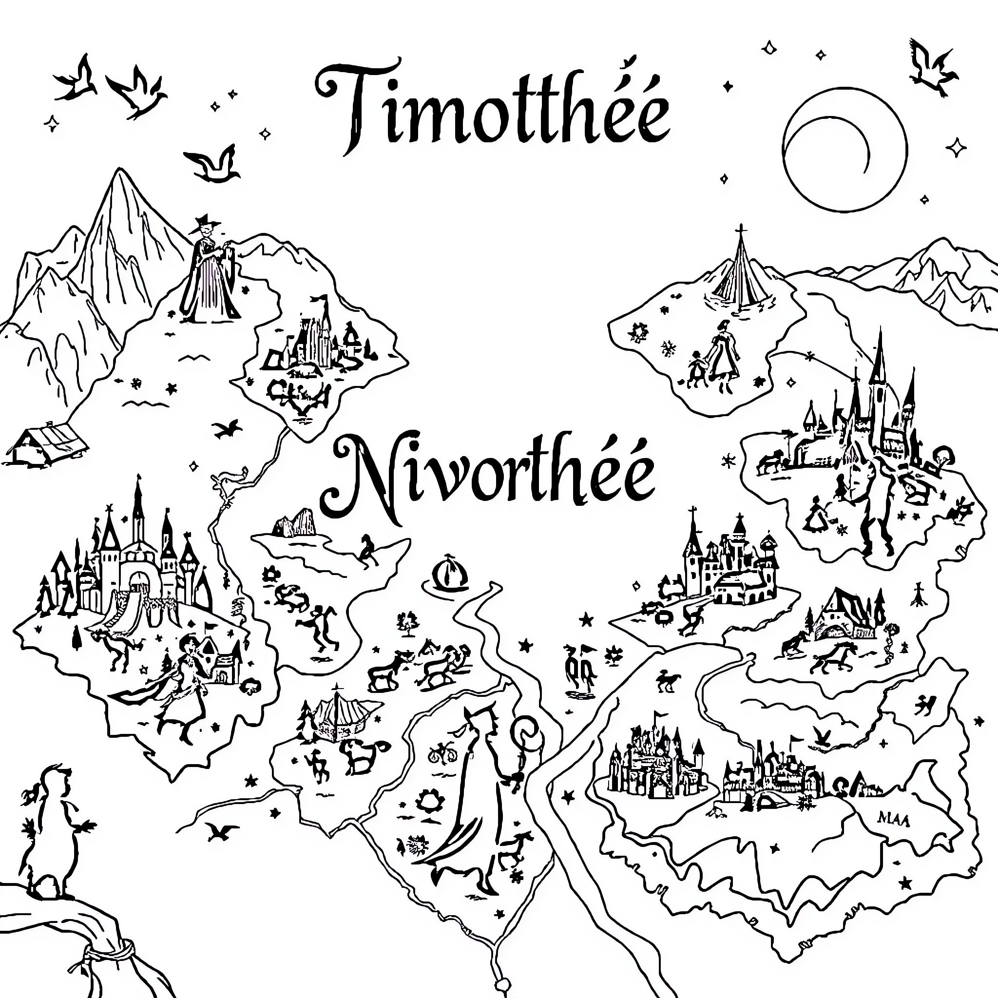 Map of magical kingdoms and landscapes Coloring Page (free black-and-white line drawing printable PDF for all, from beginners to advanced learners, including children, teens, adults, and seniors)