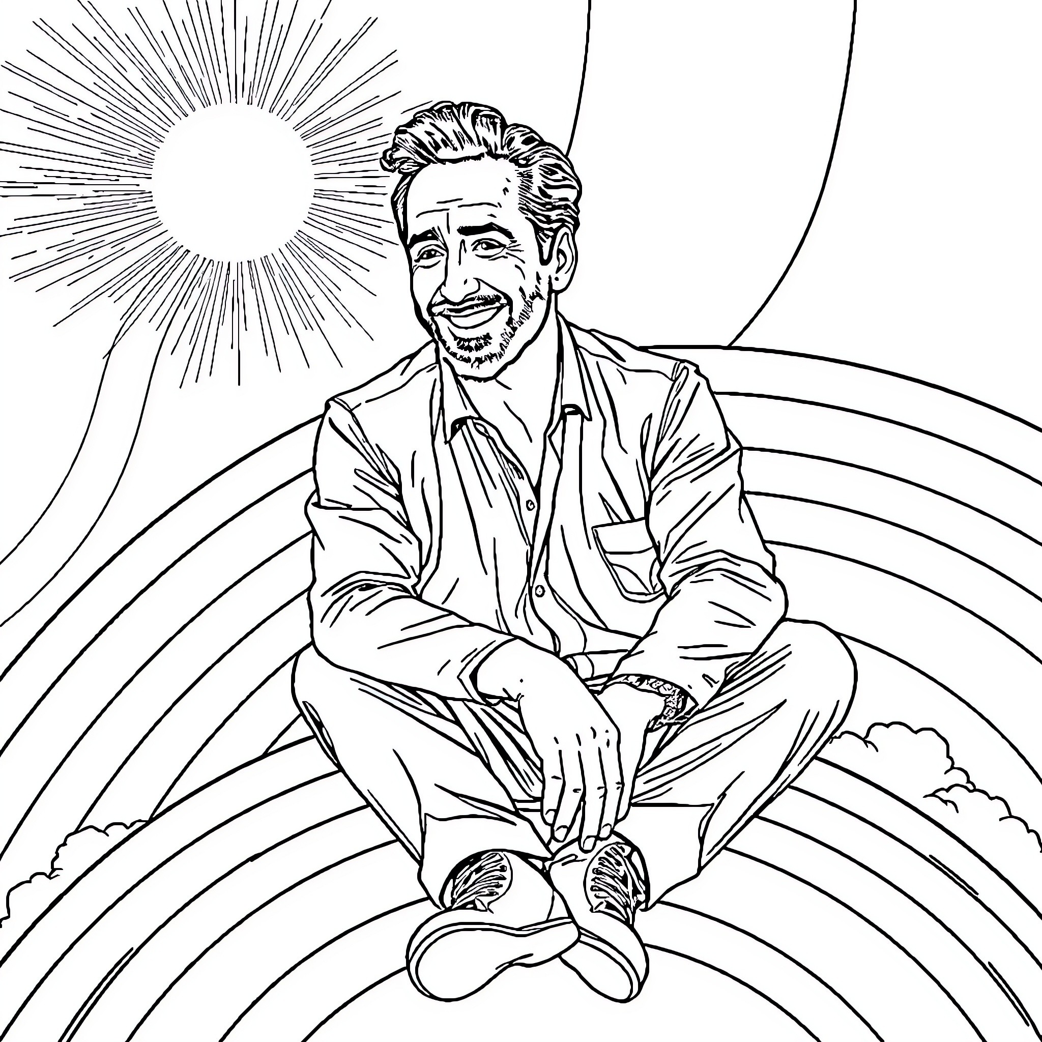 Nicholas Cage in a Whimsical Dreamscape Coloring Page (free black-and-white line drawing printable PDF for all, from beginners to advanced learners, including children, teens, adults, and seniors)