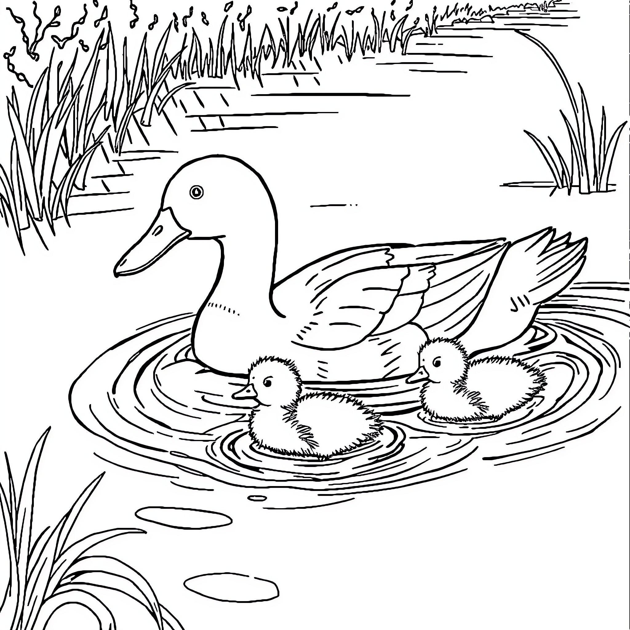 Duck and ducklings swimming in the pond Coloring Page (free black-and-white line drawing printable PDF for all, from beginners to advanced learners, including children, teens, adults, and seniors)