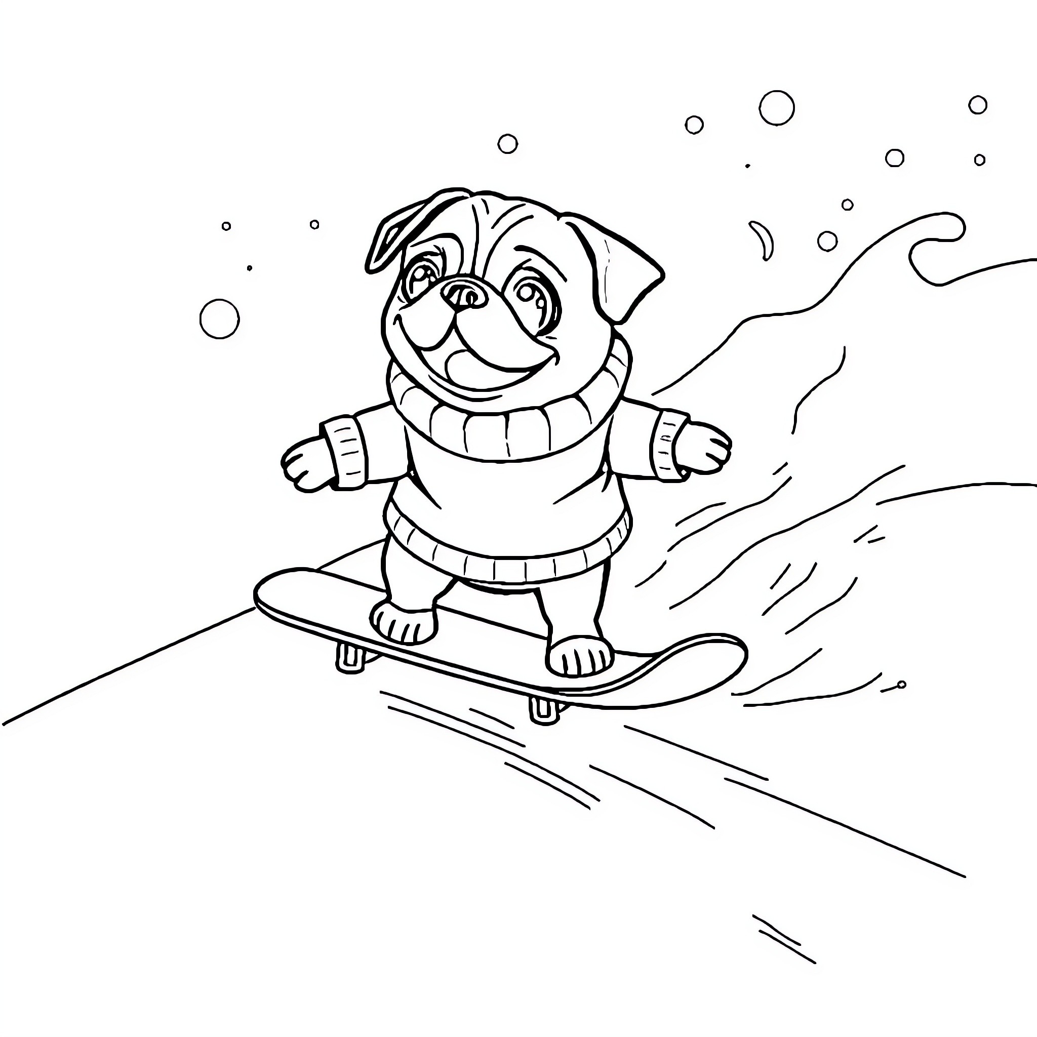 Pug Riding Snowboard in Snowy Landscape Coloring Page (free black-and-white line drawing printable PDF for all, from beginners to advanced learners, including children, teens, adults, and seniors)