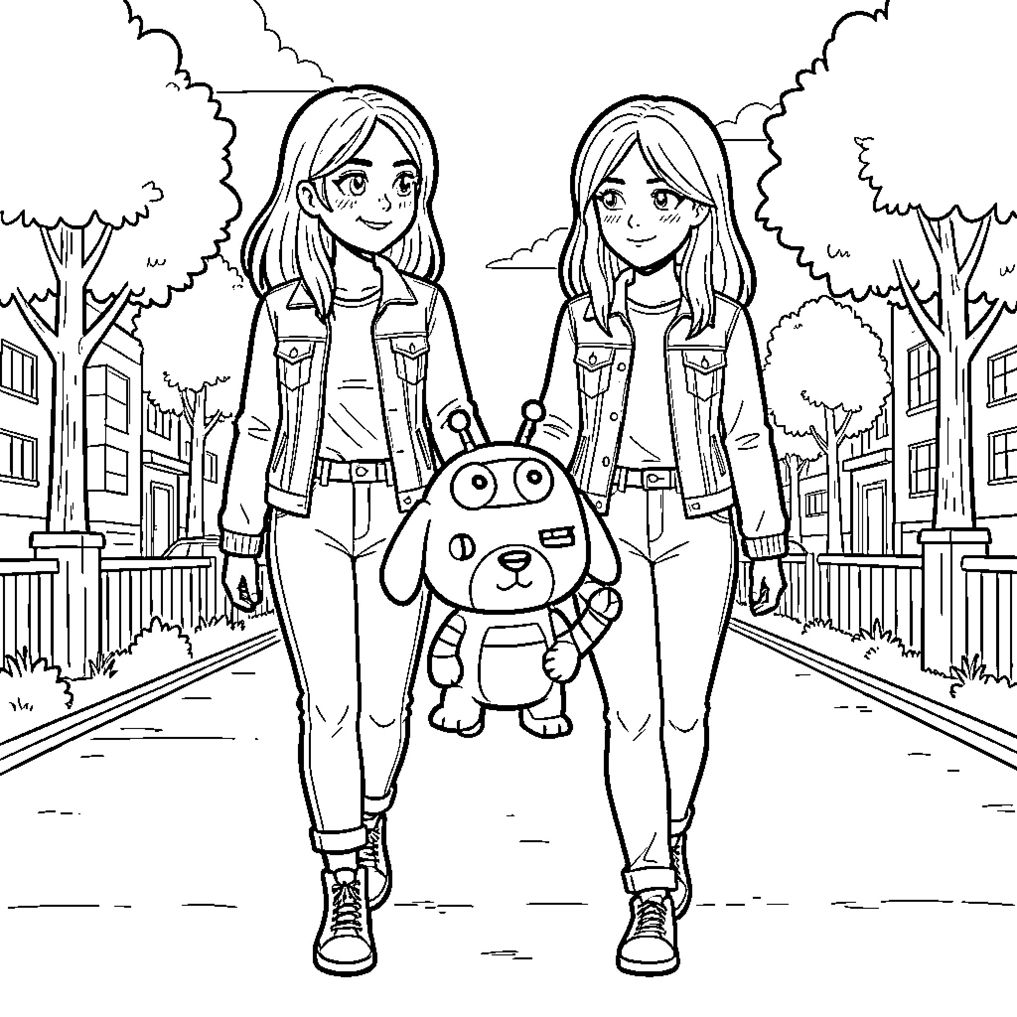 Sadie Robertson: Sisters Strolling with Furry Friend Coloring Page (free black-and-white line drawing printable PDF for all, from beginners to advanced learners, including children, teens, adults, and seniors)