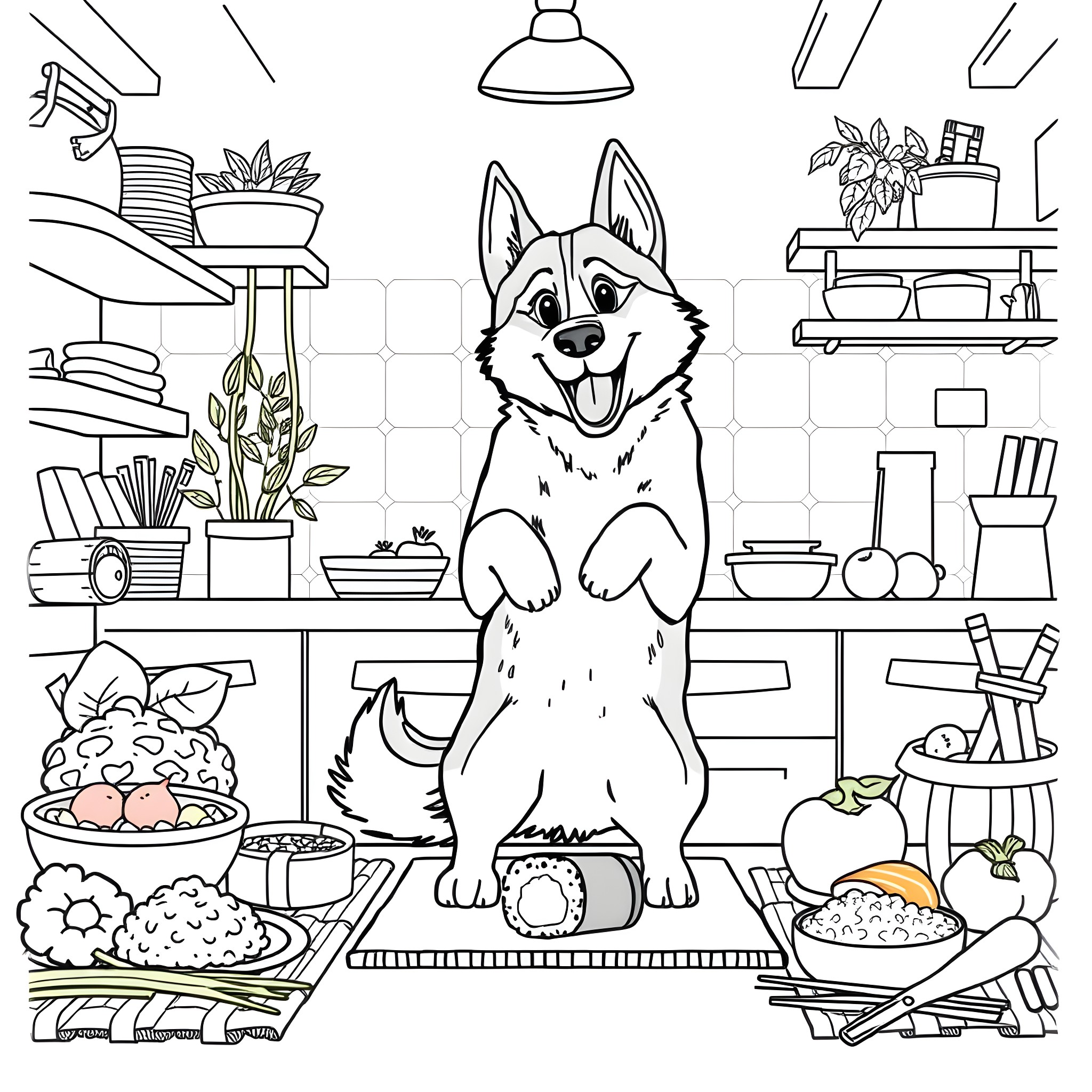Husky playing happily in a cozy kitchen Coloring Page (free black-and-white line drawing printable PDF for all, from beginners to advanced learners, including children, teens, adults, and seniors)