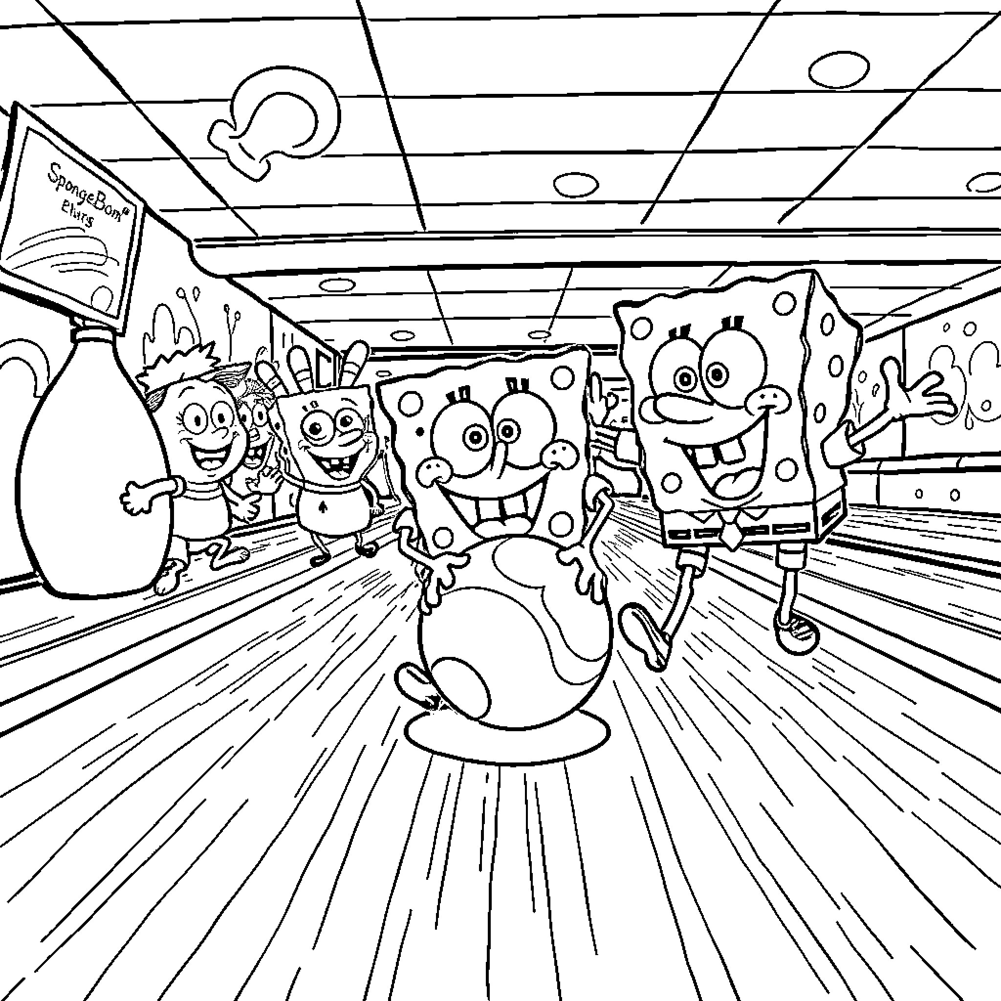 Spongebob and friends having fun at the bowling alley Coloring Page (free black-and-white line drawing printable PDF for all, from beginners to advanced learners, including children, teens, adults, and seniors)
