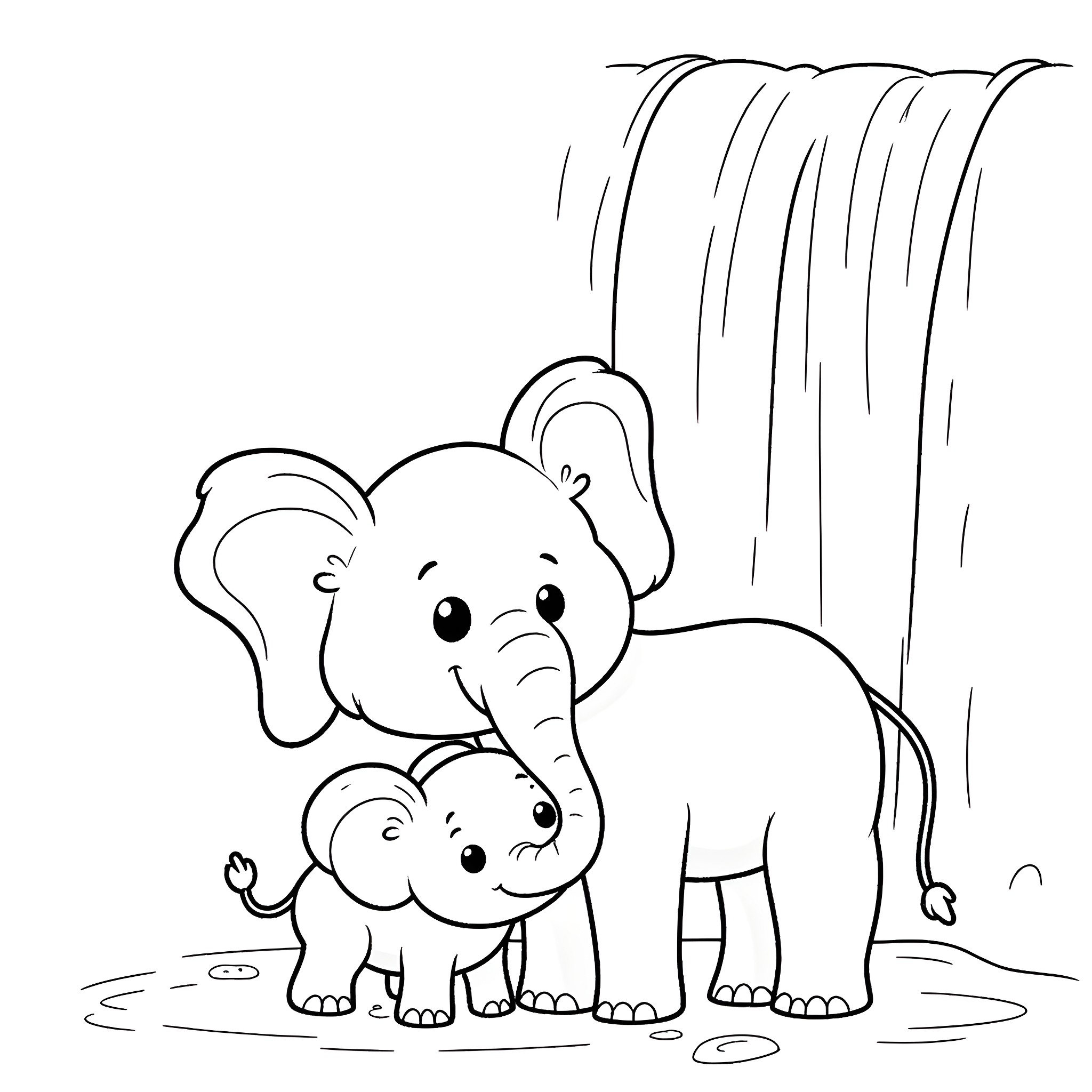 Elephant and baby elephant under waterfall Coloring Page (free black-and-white line drawing printable PDF for all, from beginners to advanced learners, including children, teens, adults, and seniors)