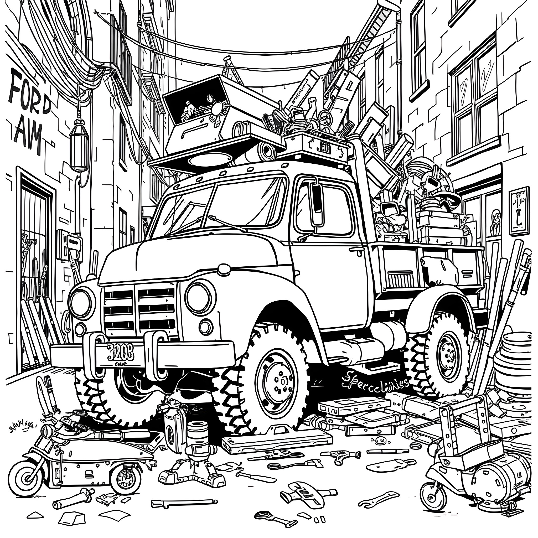 Truck full of tools and equipment on a cluttered street Coloring Page (free black-and-white line drawing printable PDF for all, from beginners to advanced learners, including children, teens, adults, and seniors)