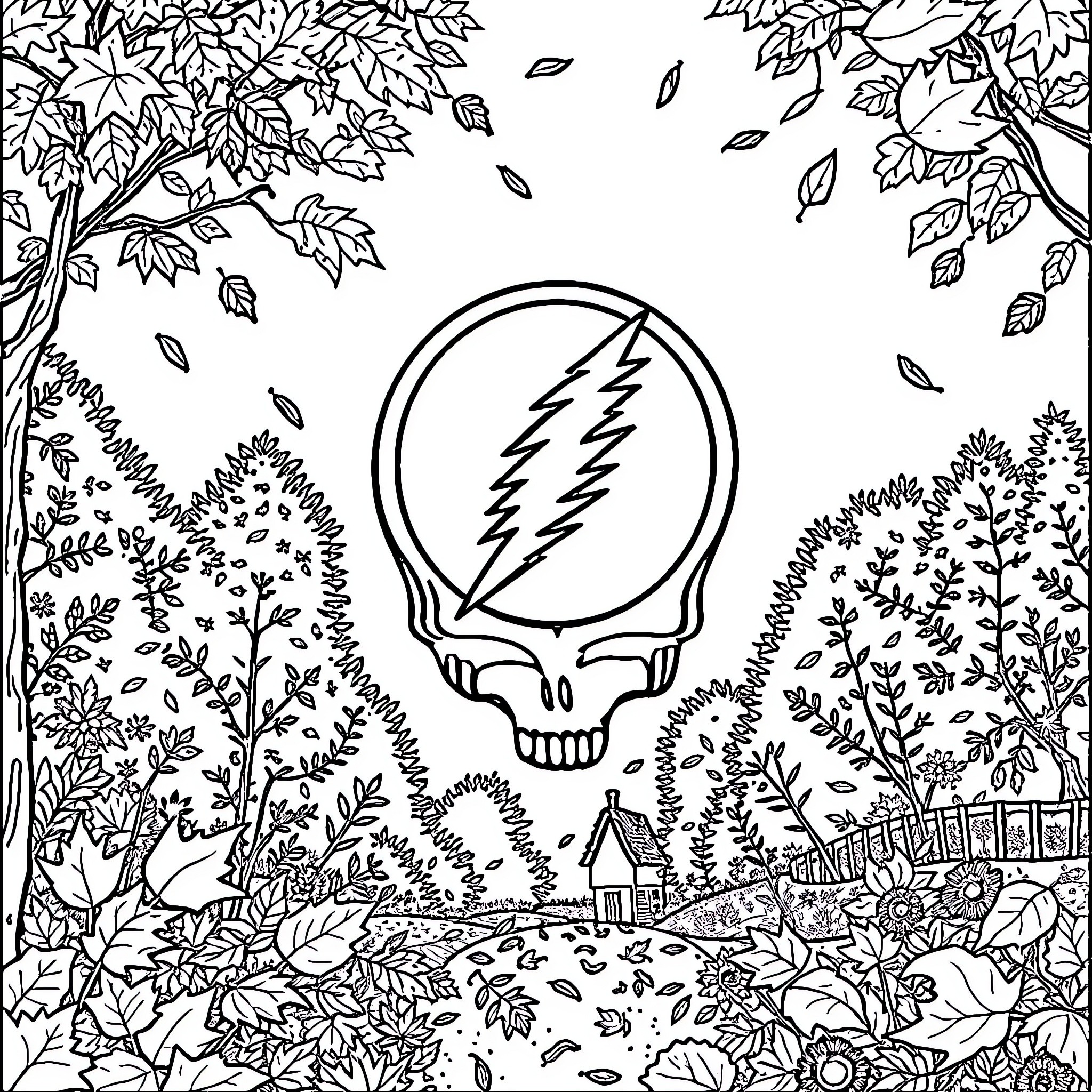 Grateful Dead performing in a colorful nature scene Coloring Page (free black-and-white line drawing printable PDF for all, from beginners to advanced learners, including children, teens, adults, and seniors)