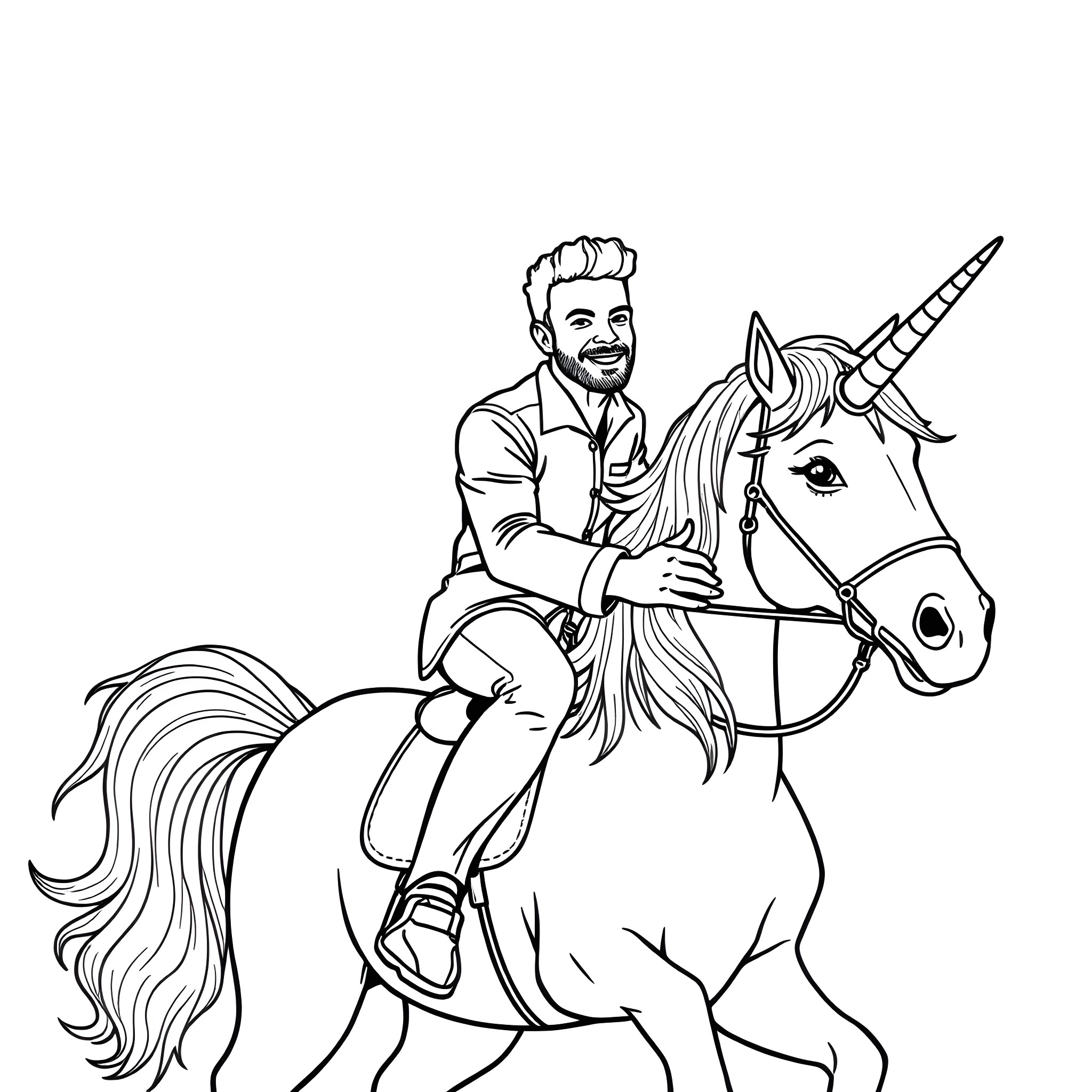 George Michael riding a unicorn in style Coloring Page (free black-and-white line drawing printable PDF for all, from beginners to advanced learners, including children, teens, adults, and seniors)
