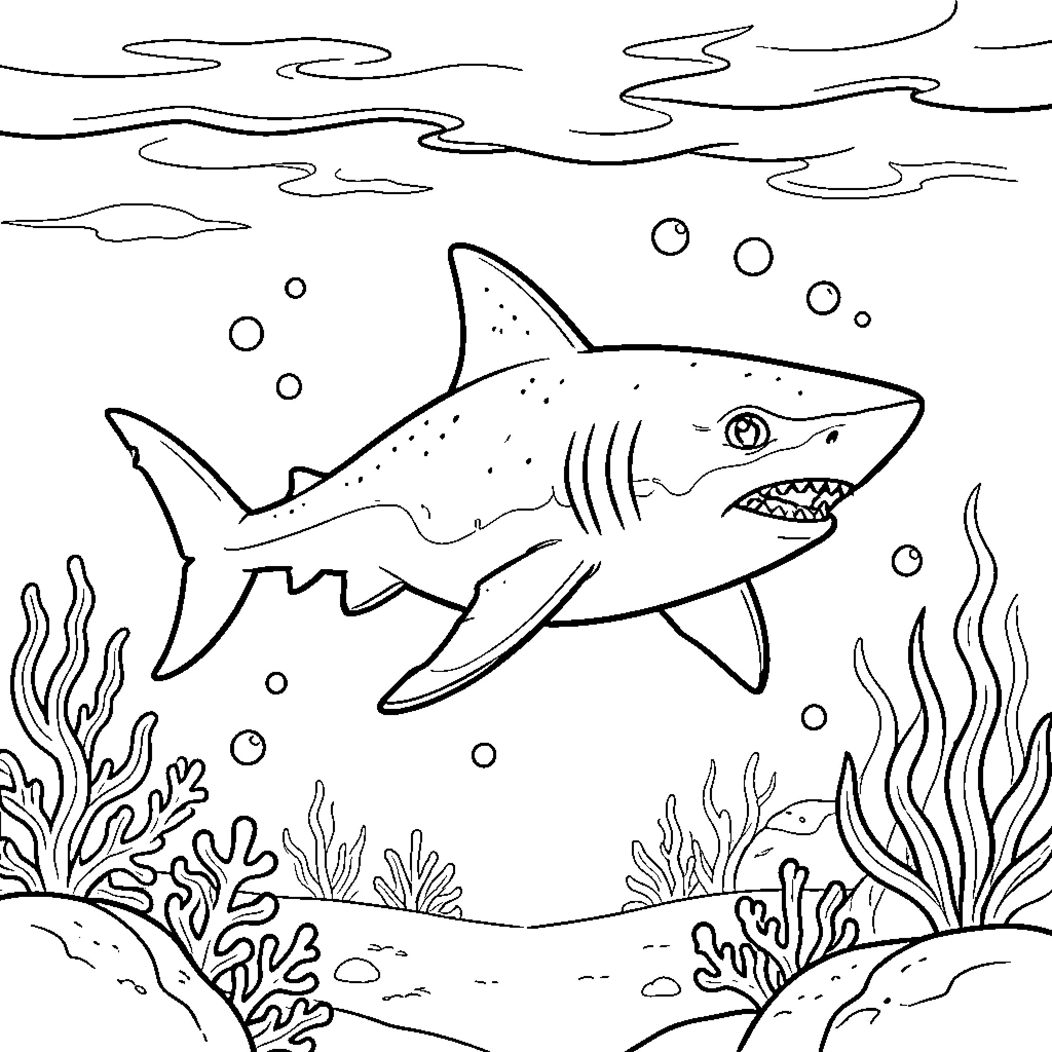 Shark swimming gracefully through the ocean coral reef Coloring Page (free black-and-white line drawing printable PDF for all, from beginners to advanced learners, including children, teens, adults, and seniors)