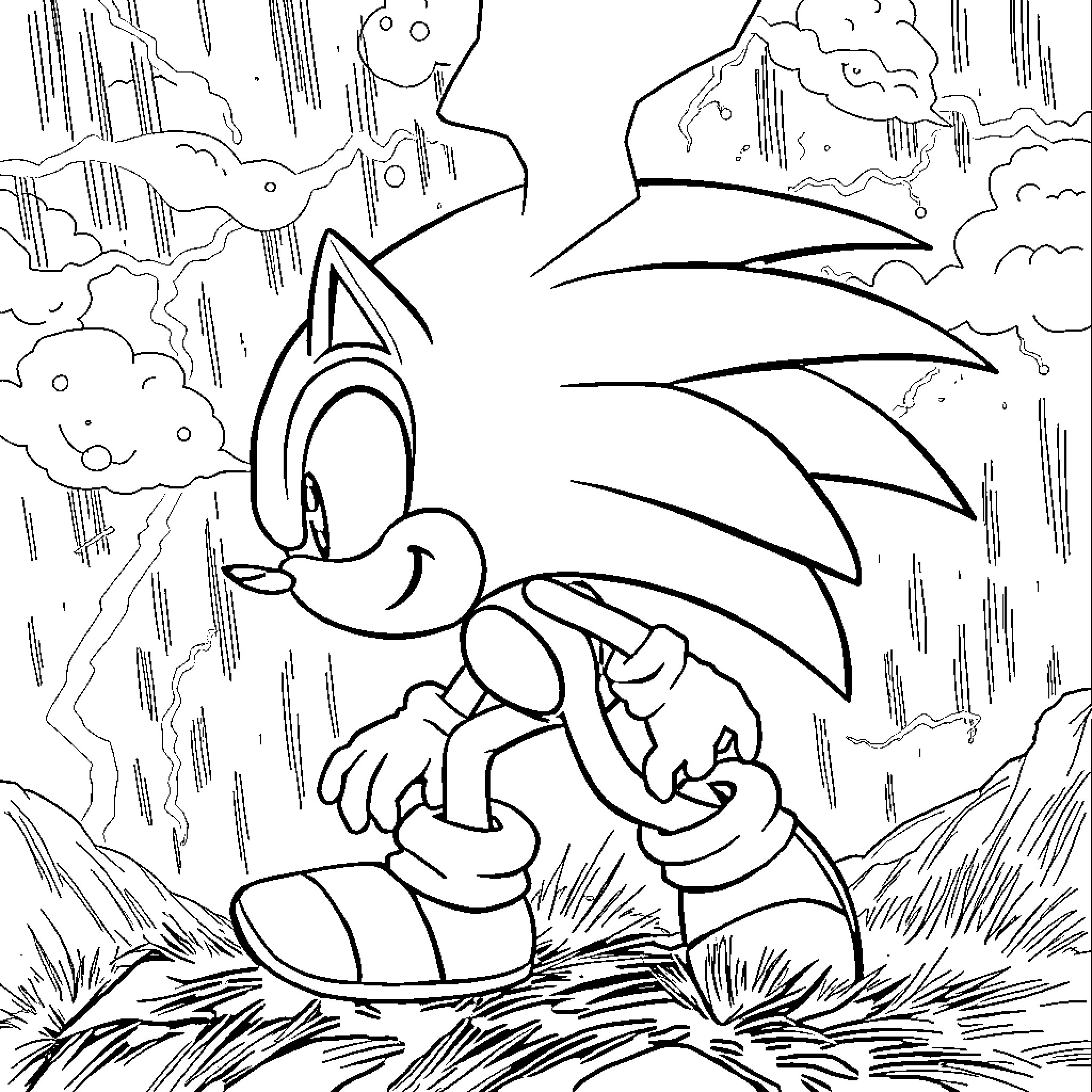 Sonic the Hedgehog exploring a stormy landscape Coloring Page (free black-and-white line drawing printable PDF for all, from beginners to advanced learners, including children, teens, adults, and seniors)