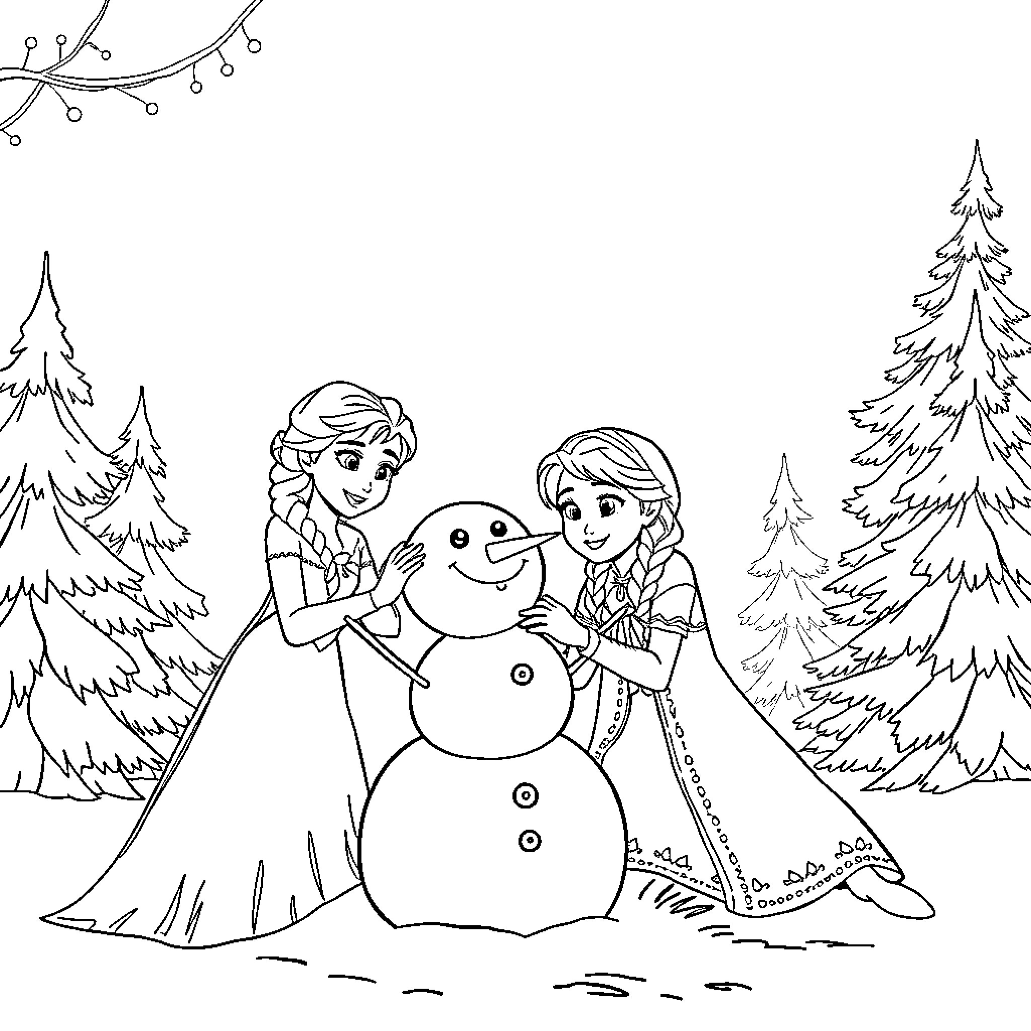 Snowman building with winter friends Coloring Page (free black-and-white line drawing printable PDF for all, from beginners to advanced learners, including children, teens, adults, and seniors)