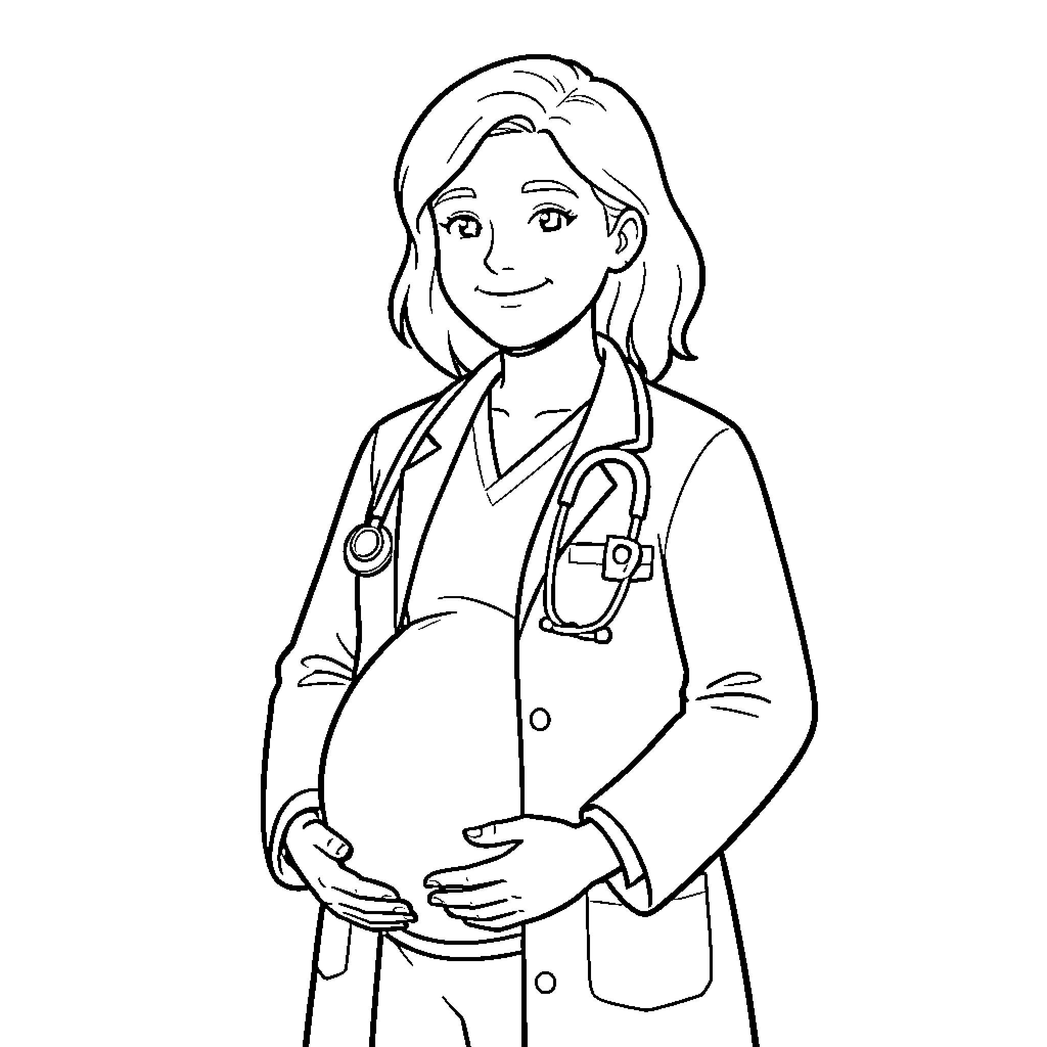 Doctor happily assisting pregnant woman Coloring Page (free black-and-white line drawing printable PDF for all, from beginners to advanced learners, including children, teens, adults, and seniors)