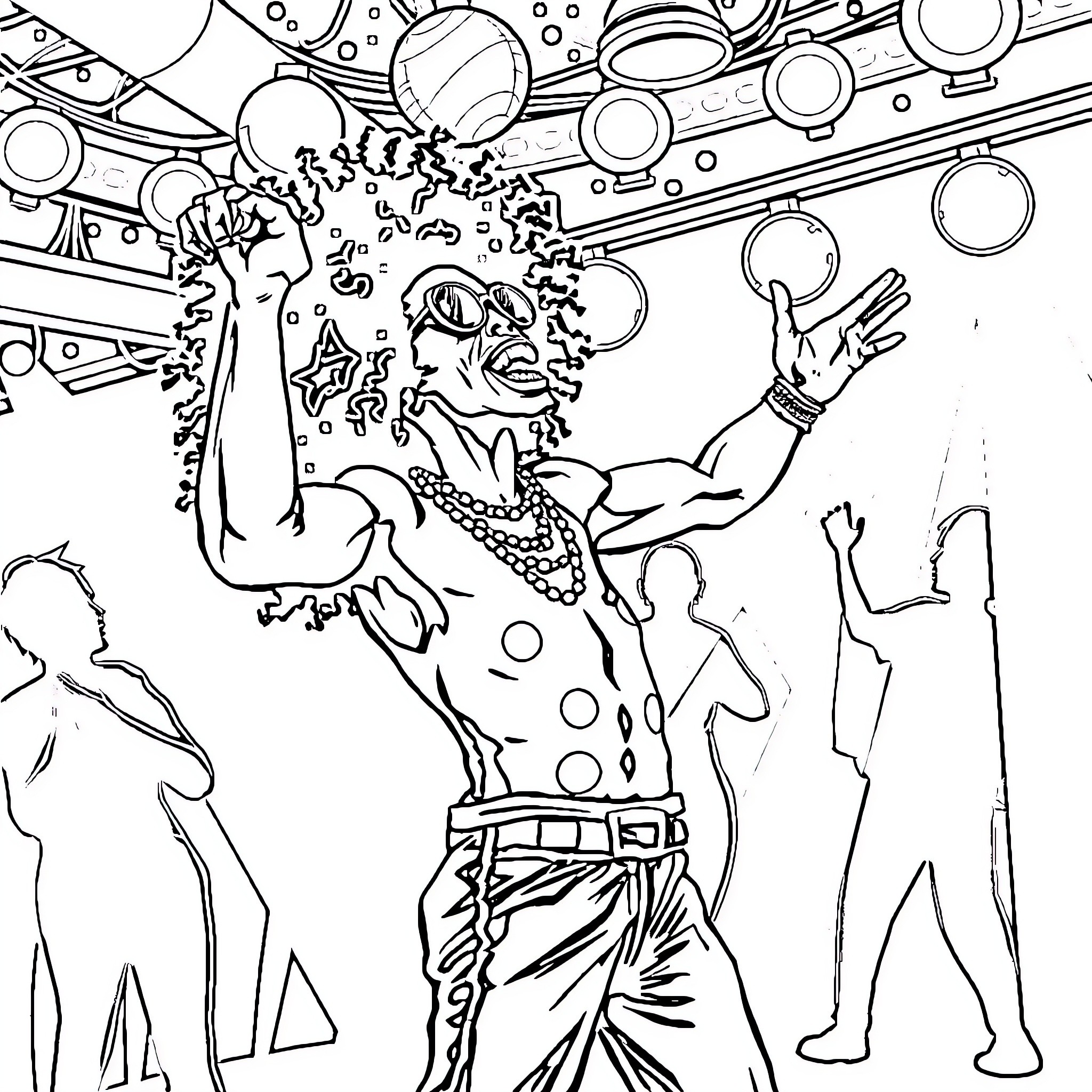 RuPaul Celebrating on Stage with Energetic Performance Coloring Page (free black-and-white line drawing printable PDF for all, from beginners to advanced learners, including children, teens, adults, and seniors)