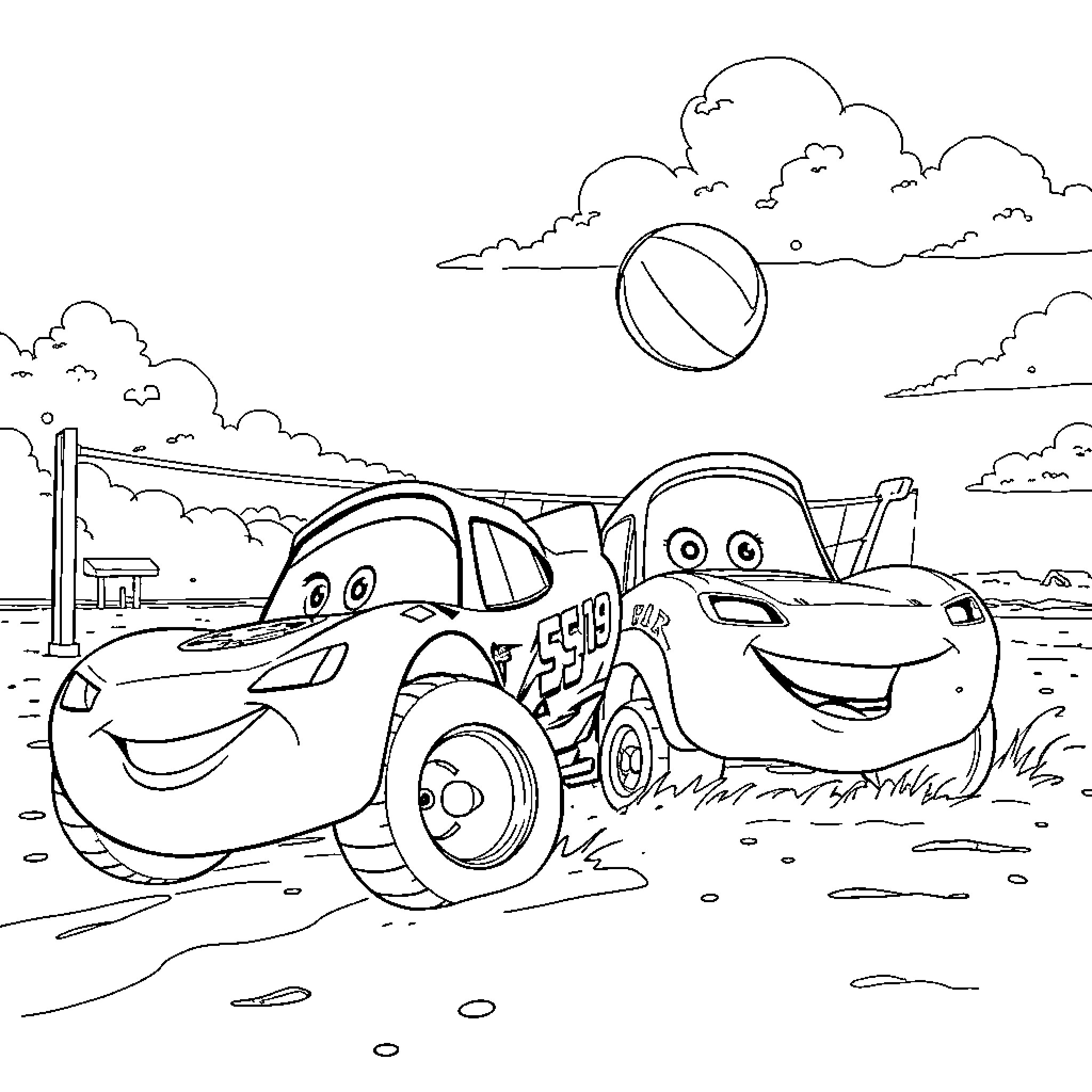 Lightning McQueen having fun with Mater on the road Coloring Page (free black-and-white line drawing printable PDF for all, from beginners to advanced learners, including children, teens, adults, and seniors)