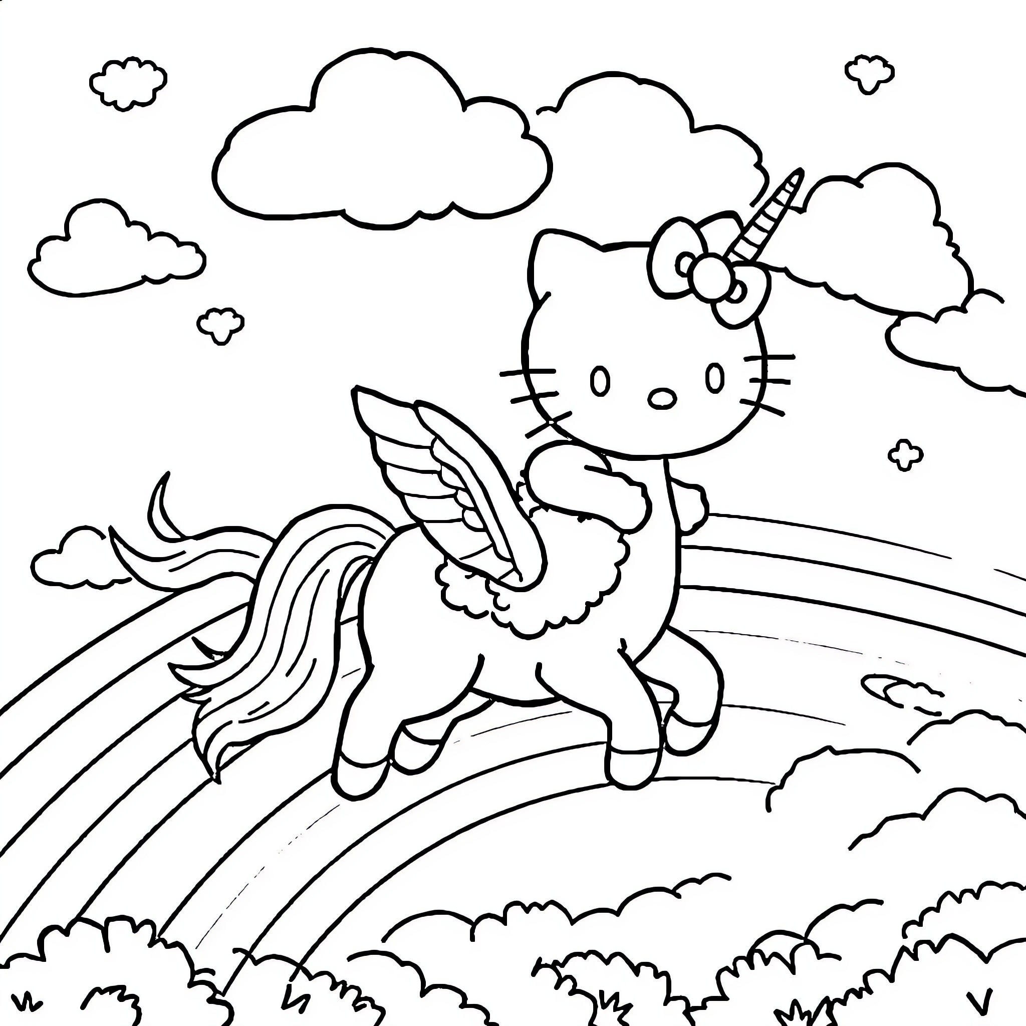 Hello Kitty Soaring Over Magical Rainbow Coloring Page (free black-and-white line drawing printable PDF for all, from beginners to advanced learners, including children, teens, adults, and seniors)
