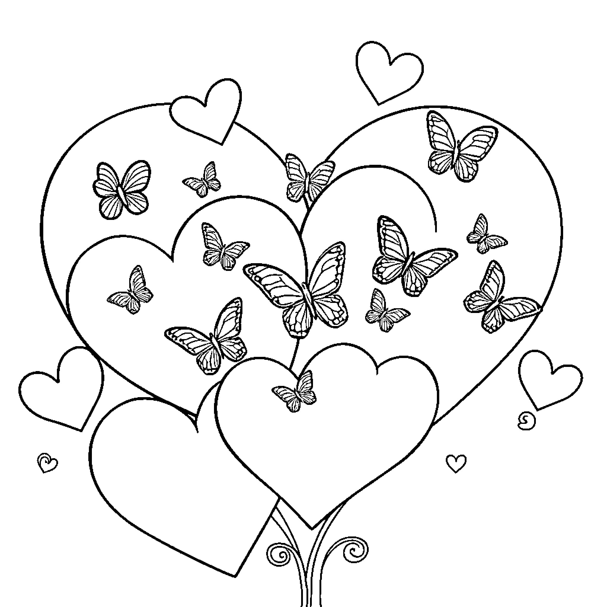 Heart-shaped butterflies and love Coloring Page (free black-and-white line drawing printable PDF for all, from beginners to advanced learners, including children, teens, adults, and seniors)