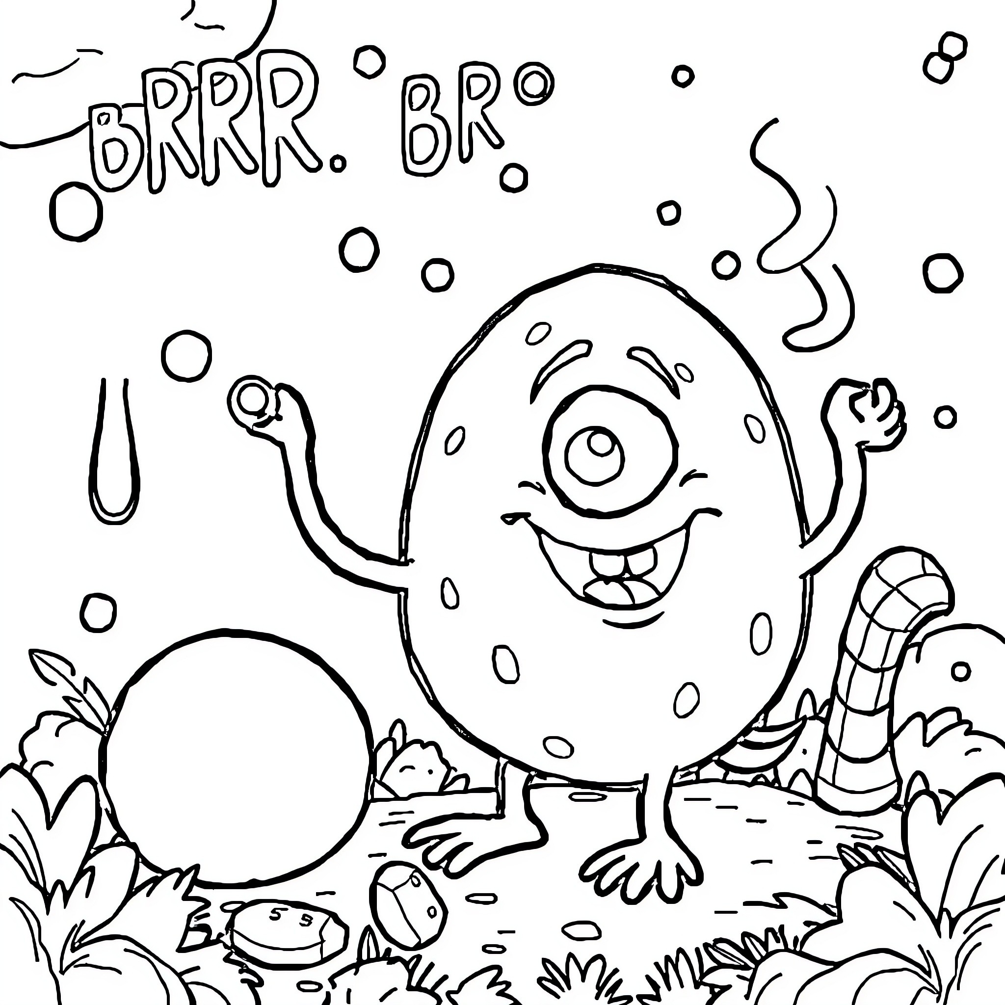 Game of Silly Monsters Frolicking Outdoors Coloring Page (free black-and-white line drawing printable PDF for all, from beginners to advanced learners, including children, teens, adults, and seniors)