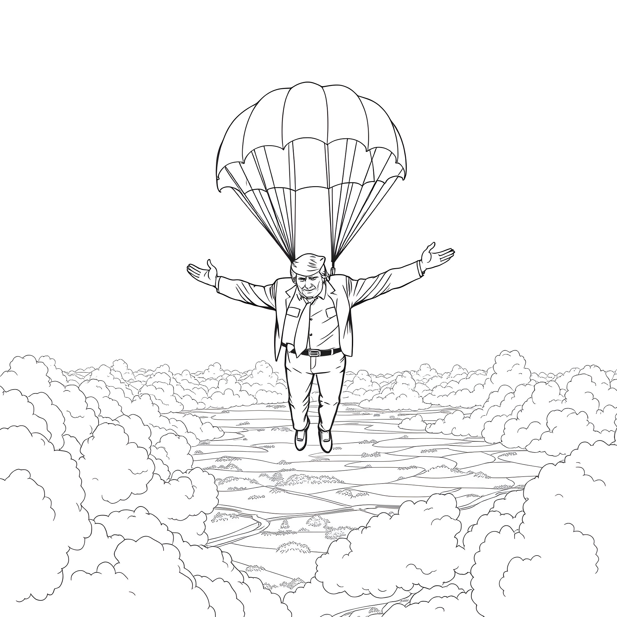 Trump in mid-air with parachute in the clouds Coloring Page (free black-and-white line drawing printable PDF for all, from beginners to advanced learners, including children, teens, adults, and seniors)