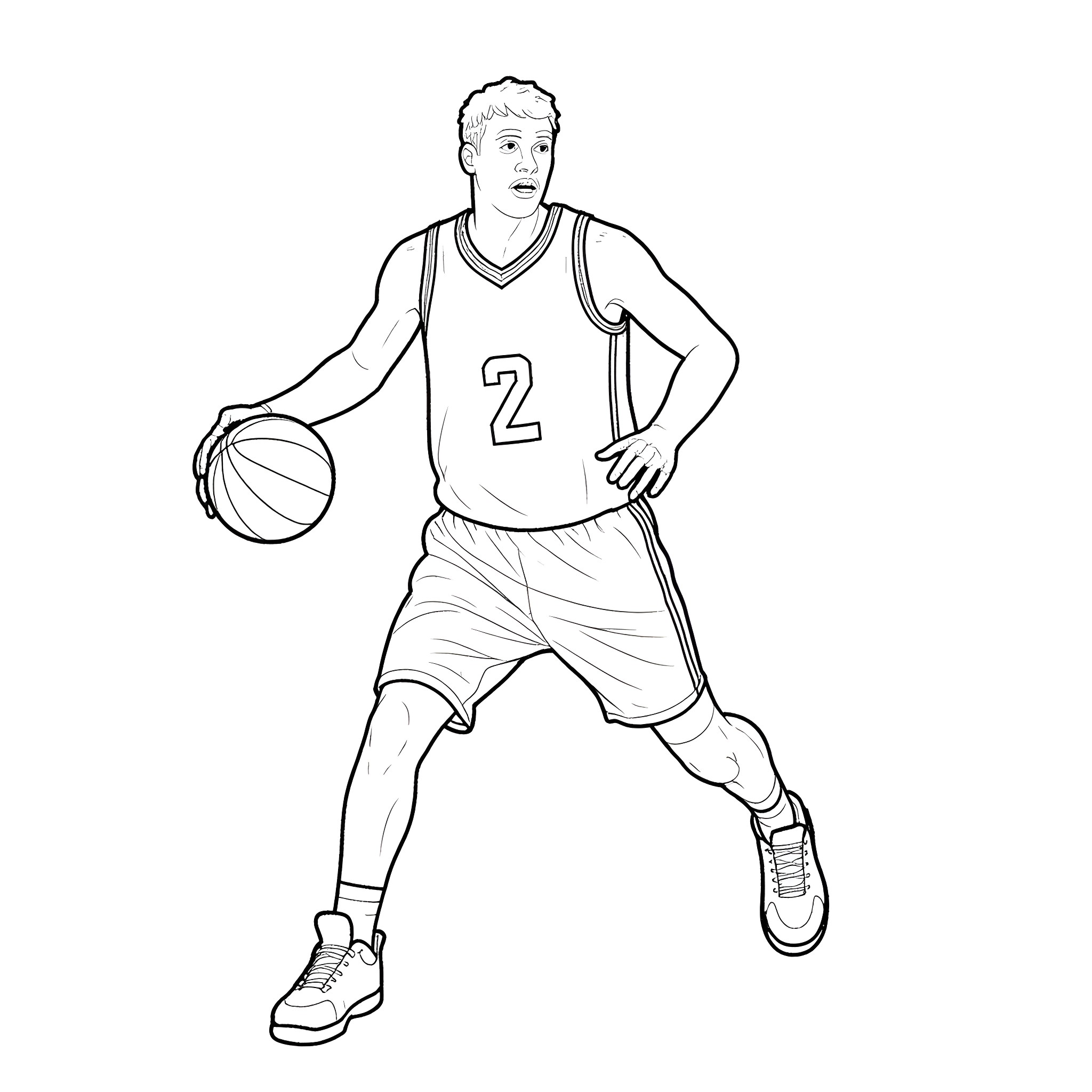 Eagle athlete dribbling basketball on court Coloring Page (free black-and-white line drawing printable PDF for all, from beginners to advanced learners, including children, teens, adults, and seniors)