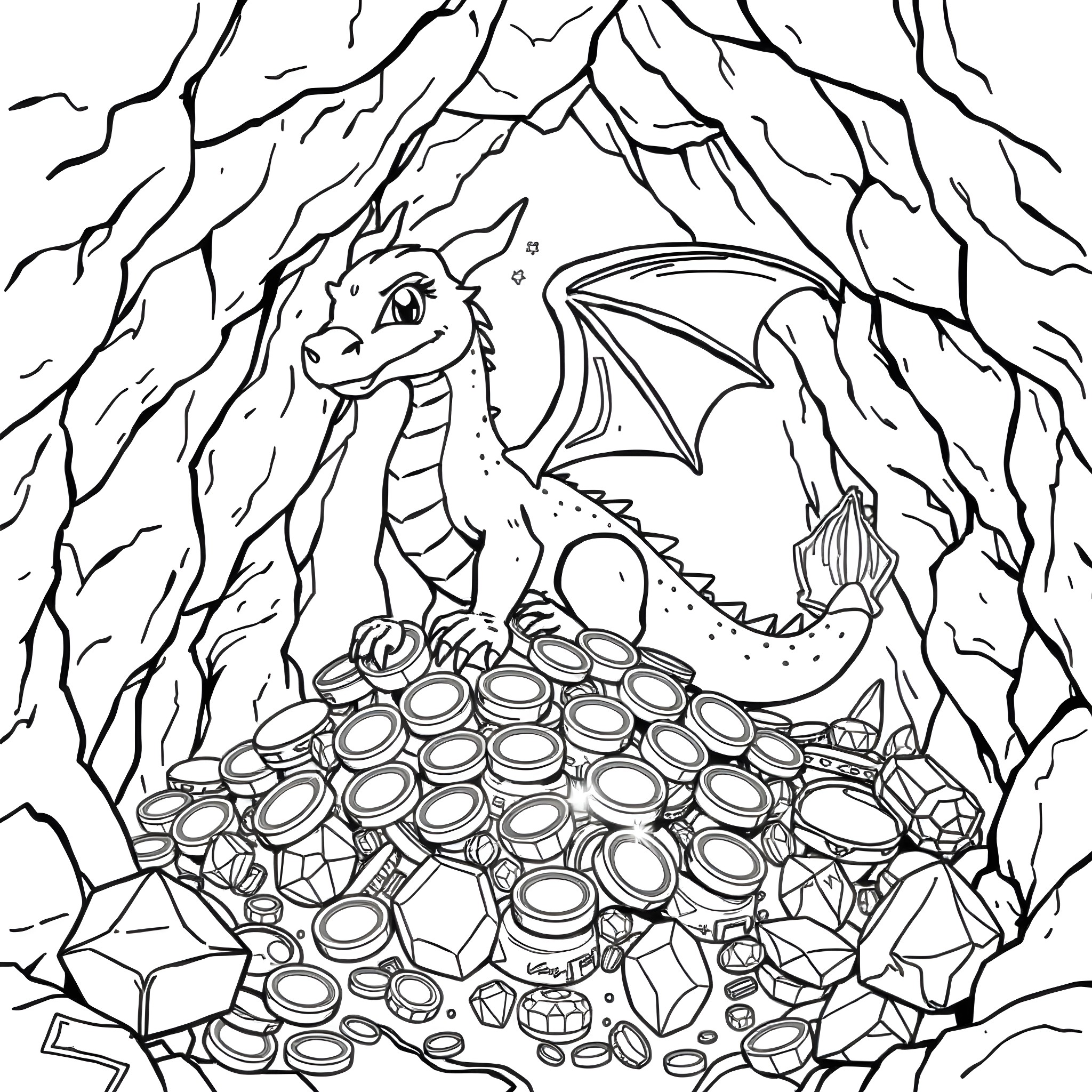 Dragon guarding its treasure hoard in the cave Coloring Page (free black-and-white line drawing printable PDF for all, from beginners to advanced learners, including children, teens, adults, and seniors)