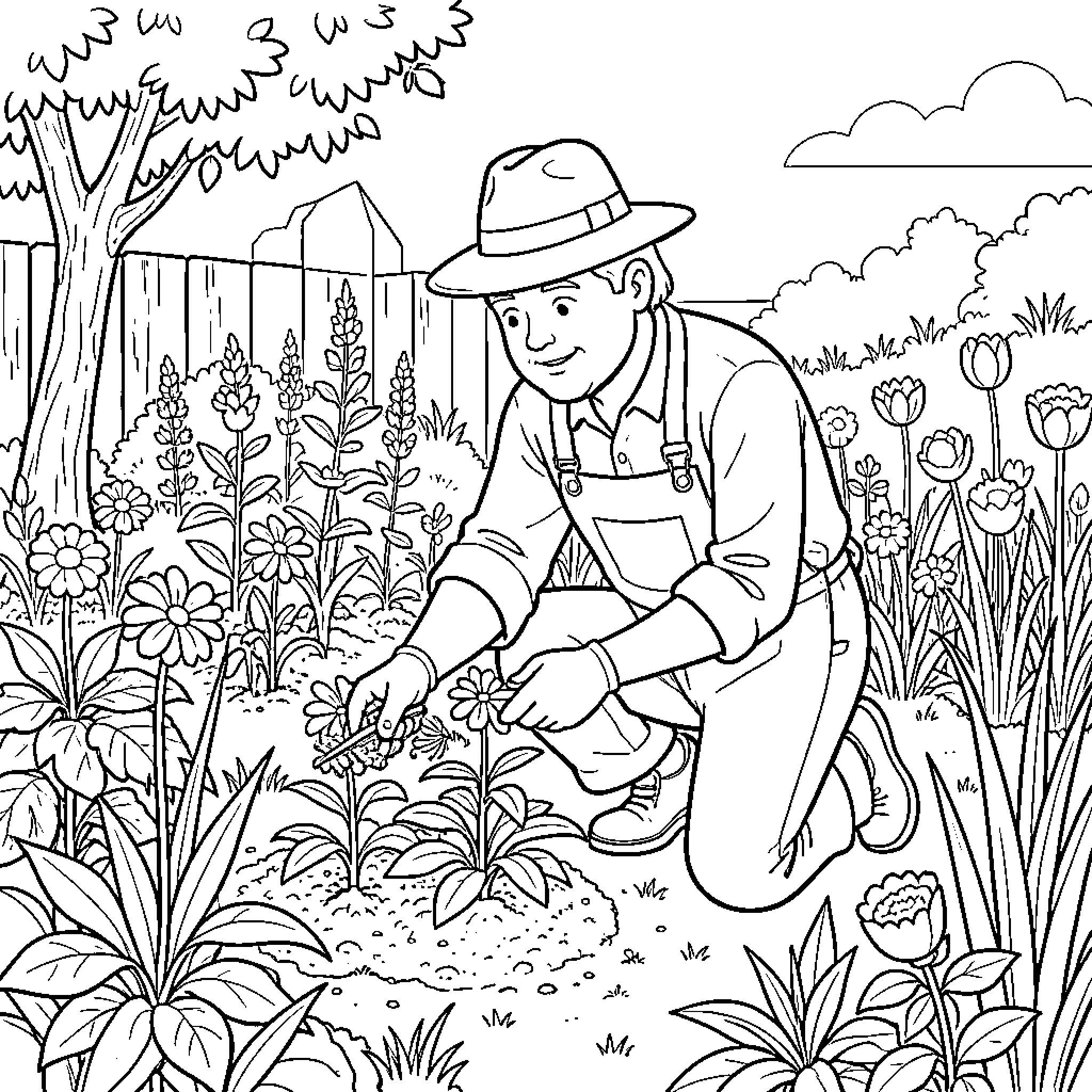 Gardener kneeling and tending to blooming flowers Coloring Page (free black-and-white line drawing printable PDF for all, from beginners to advanced learners, including children, teens, adults, and seniors)