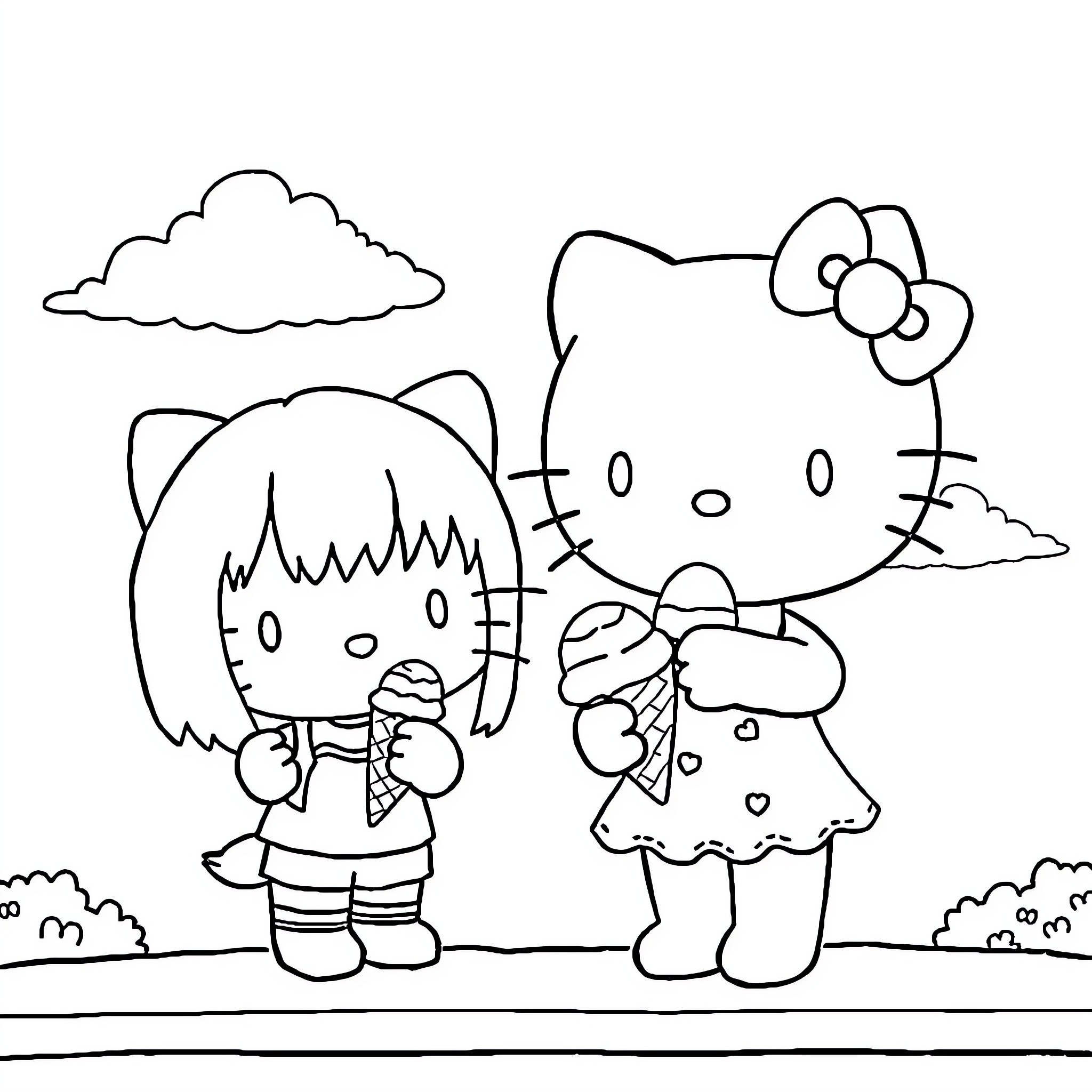 Hello Kitty friends playing outdoors Coloring Page (free black-and-white line drawing printable PDF for all, from beginners to advanced learners, including children, teens, adults, and seniors)