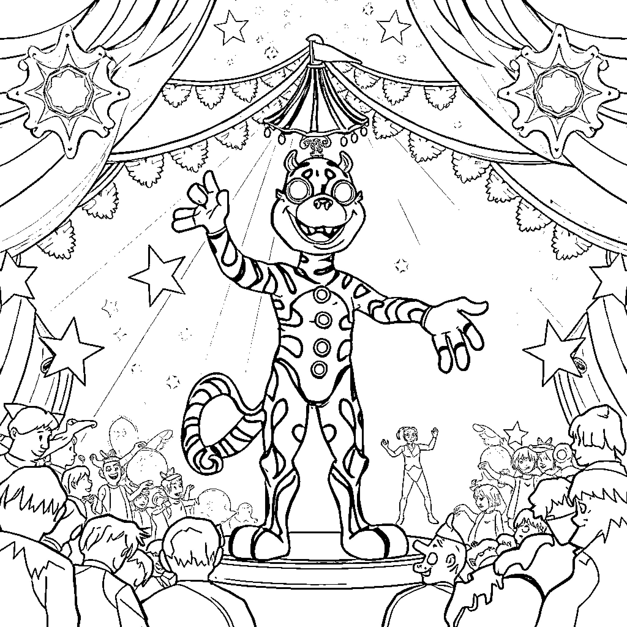 Jax the Clown Entertains the Circus Crowd Coloring Page (free black-and-white line drawing printable PDF for all, from beginners to advanced learners, including children, teens, adults, and seniors)