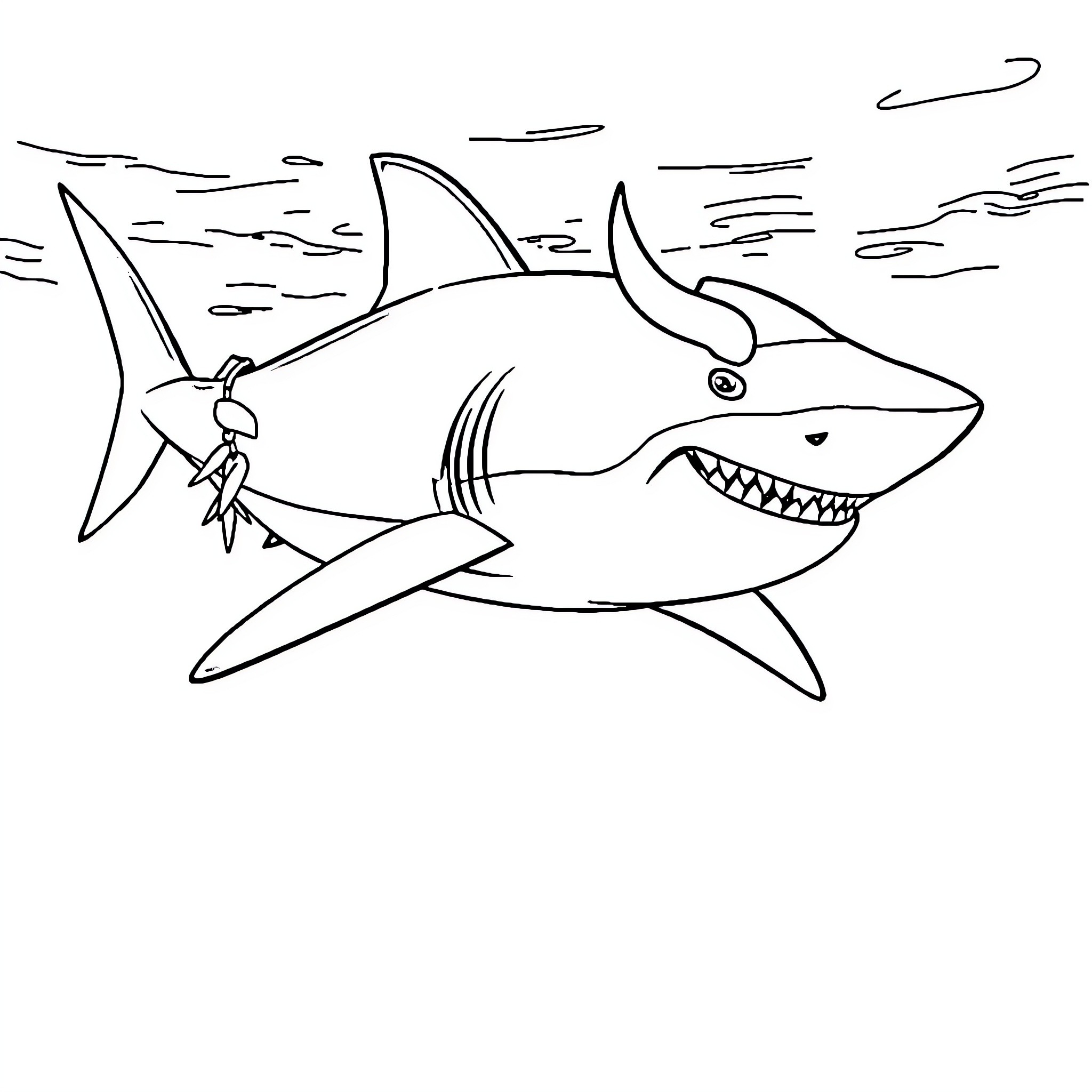Shark hunting aggressively in the ocean Coloring Page (free black-and-white line drawing printable PDF for all, from beginners to advanced learners, including children, teens, adults, and seniors)