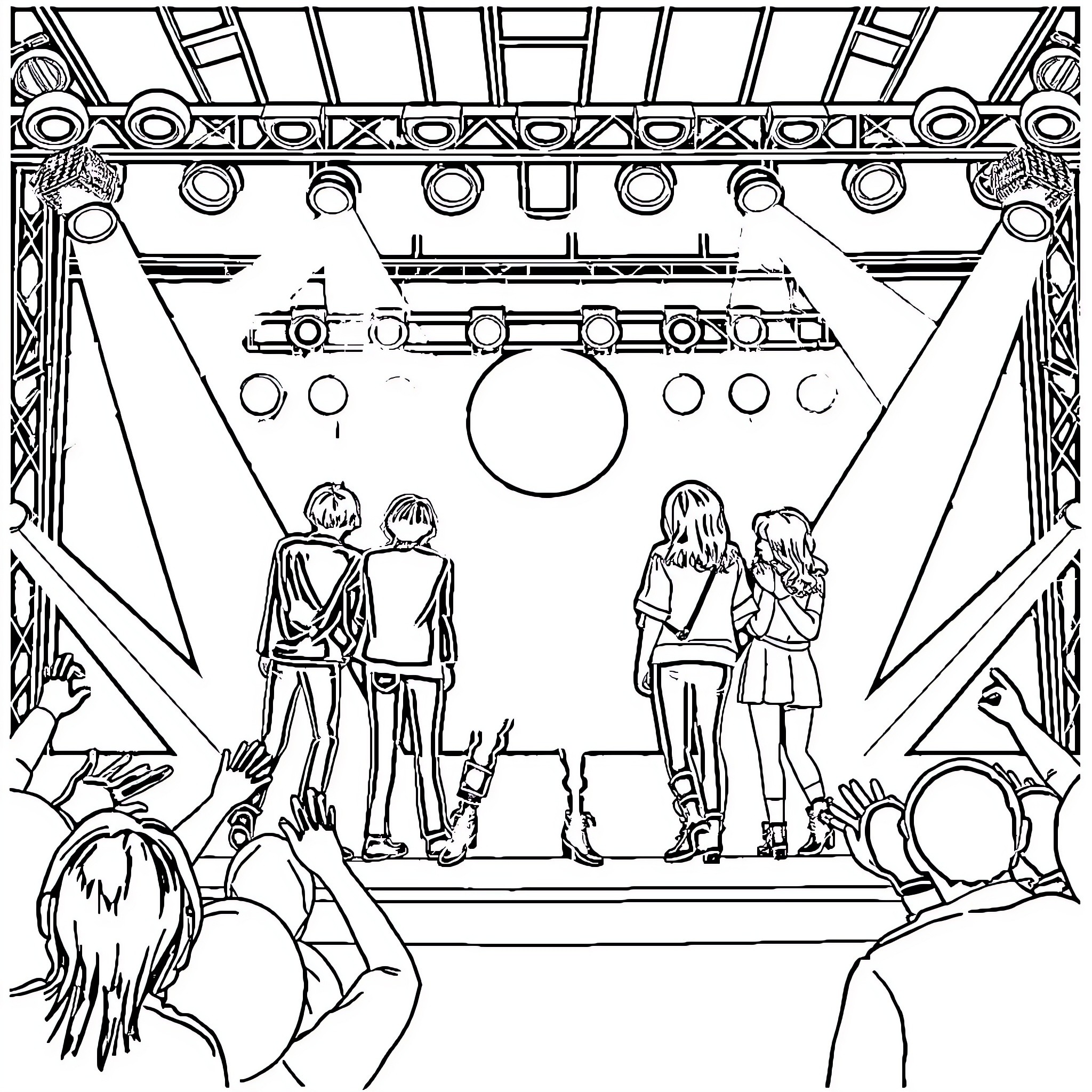 Kpop Group Performing on Stage with Enthusiastic Fans Coloring Page (free black-and-white line drawing printable PDF for all, from beginners to advanced learners, including children, teens, adults, and seniors)