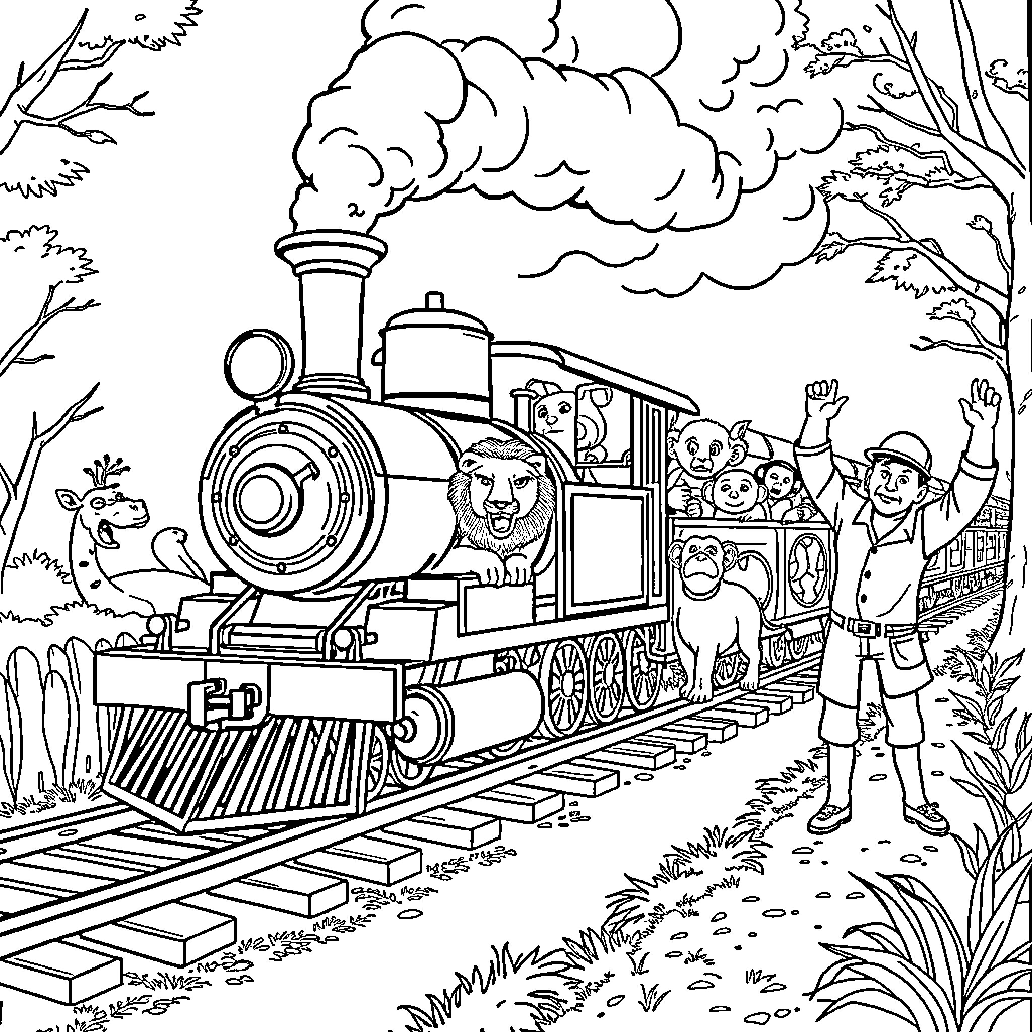 Train steaming through the countryside with passengers Coloring Page (free black-and-white line drawing printable PDF for all, from beginners to advanced learners, including children, teens, adults, and seniors)