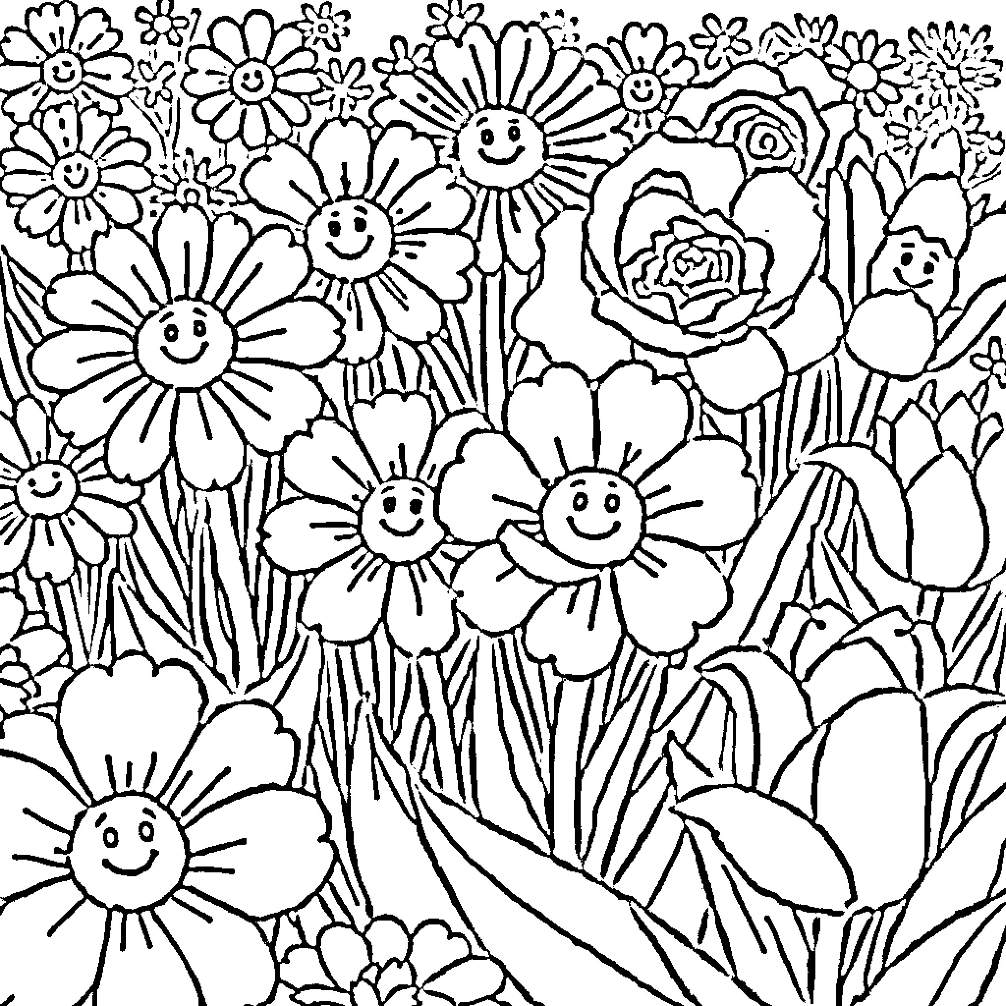 Flower Garden with Smiling Blooms Coloring Page (free black-and-white line drawing printable PDF for all, from beginners to advanced learners, including children, teens, adults, and seniors)