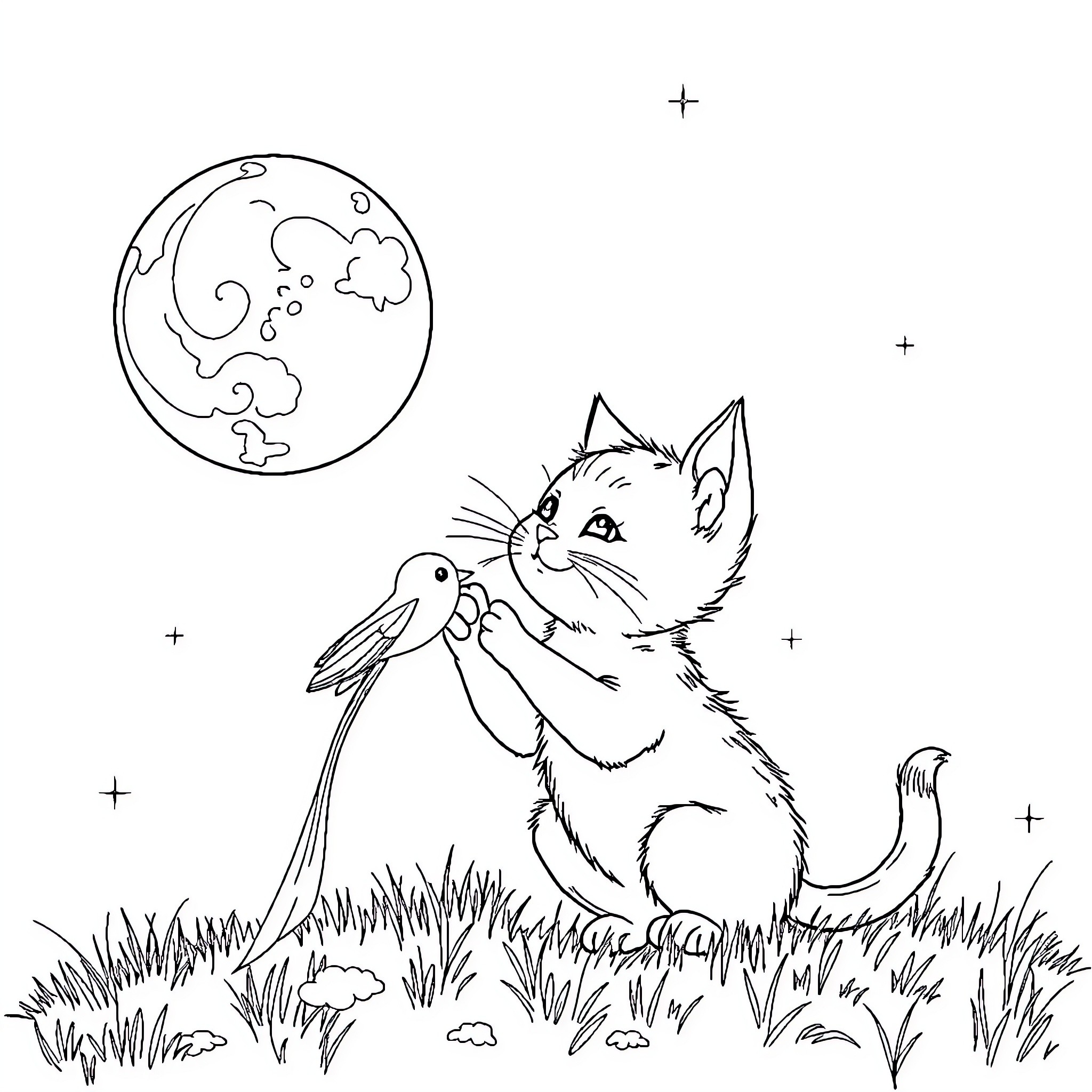 Cat gazing at the moon with a bird friend Coloring Page (free black-and-white line drawing printable PDF for all, from beginners to advanced learners, including children, teens, adults, and seniors)