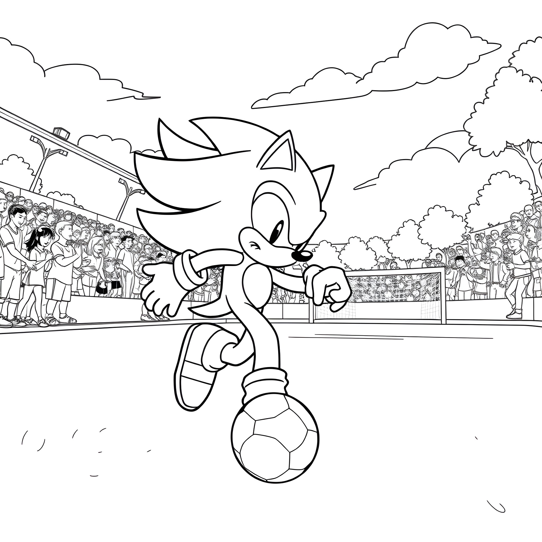 Shadow of a Speedy Cartoon Character Playing Soccer Coloring Page (free black-and-white line drawing printable PDF for all, from beginners to advanced learners, including children, teens, adults, and seniors)